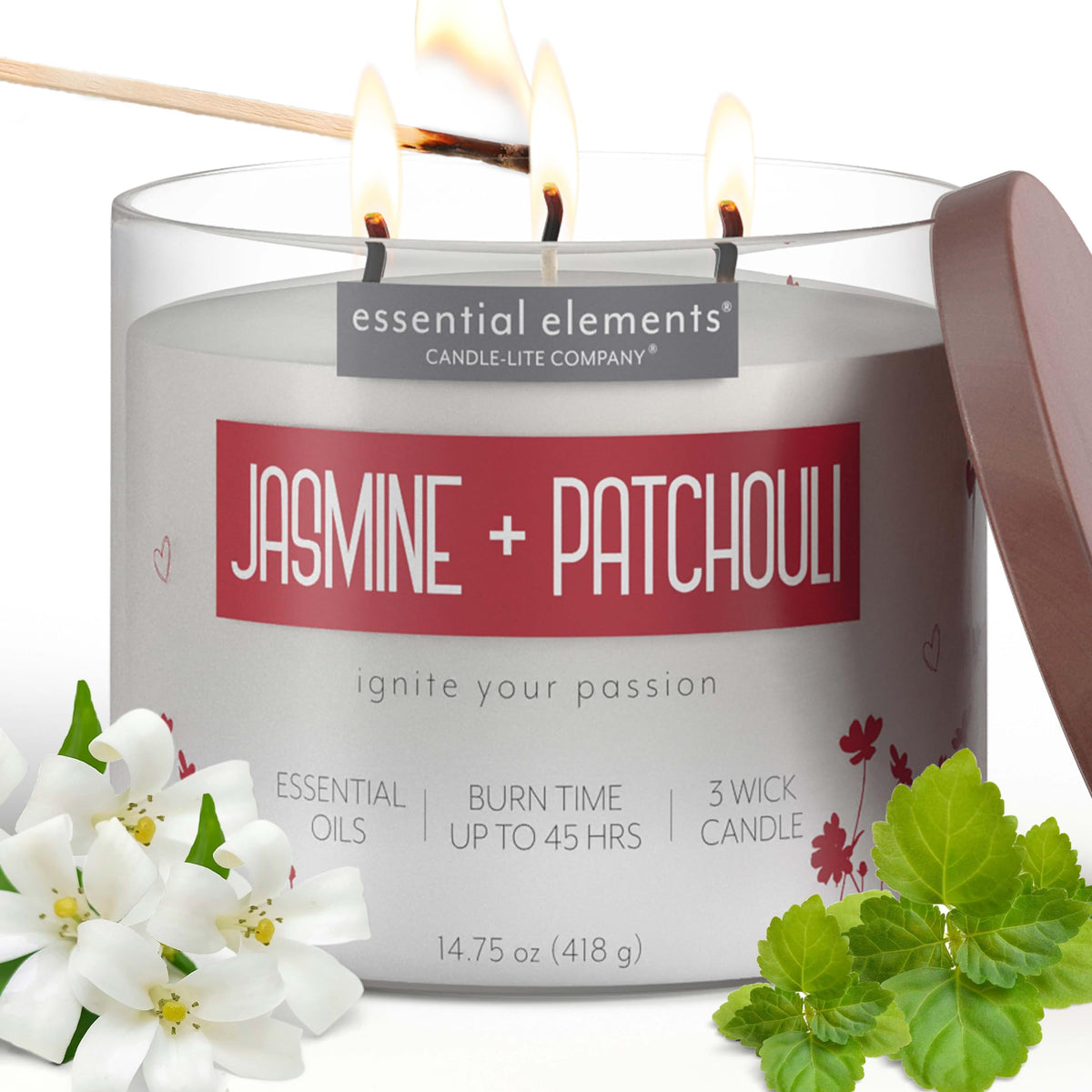 Essential Elements by Candle-lite Scented Candles, Jasmine & Patchouli Fragrance, One 14.75 oz. Three-Wick Aromatherapy Candle w