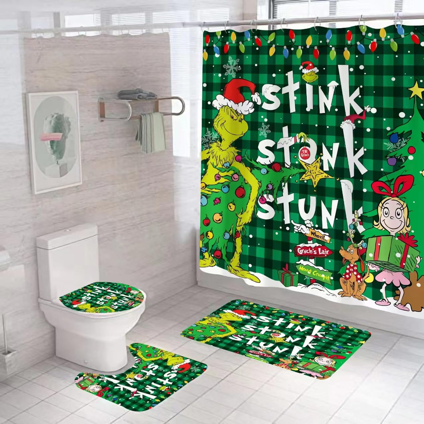 Baterzo 4 Pcs Christmas Shower Curtain Sets With Non-Slip Rugs, Toilet Lid Cover And Non-Slip U Shape Bath Mat, Christmas Bathro