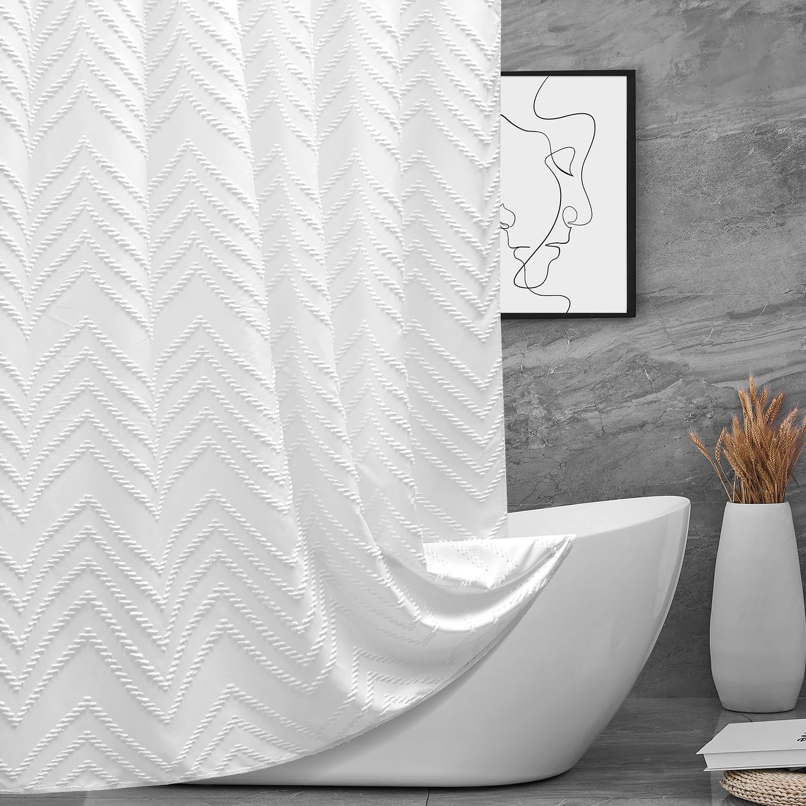 96Inche Extra Long Shower Curtains 72 X 96 Inches White Tufted Chevron Striped Fabric Shower Curtains For Bathroom Modern Shabby
