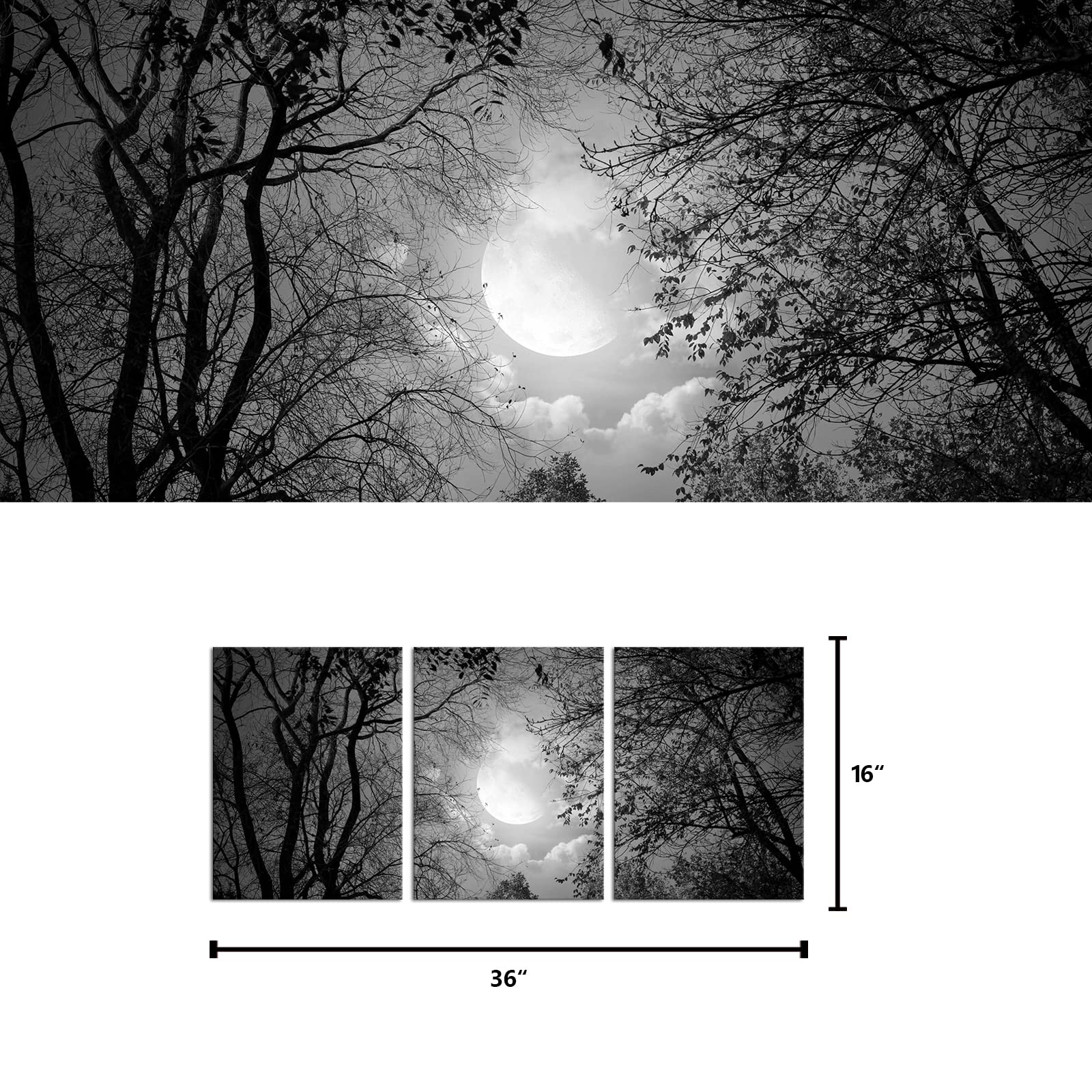 Visual Art Decor Black and White Full Moon Forest Trees Picture Goth Room Decor Canvas Wall Art Framed Artwork Gothic Home Decor Living Room Bedroom Home Office Decoration 3 Piece