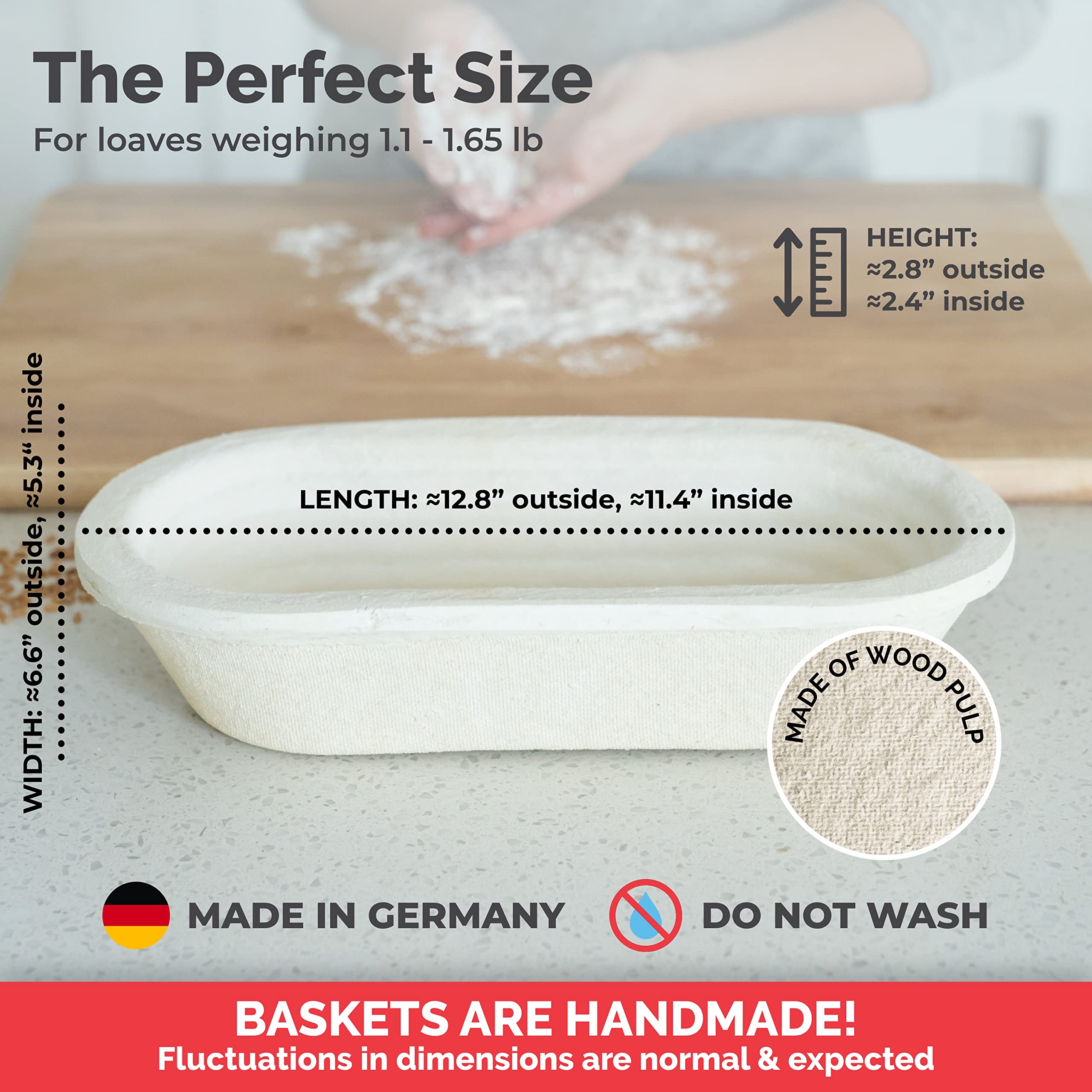 Bulka Oval Banneton Bread Proofing Basket Spruce Wood Pulp 750G Groove, Sourdough Bread Baking Supplies Brotform - Batard Dough