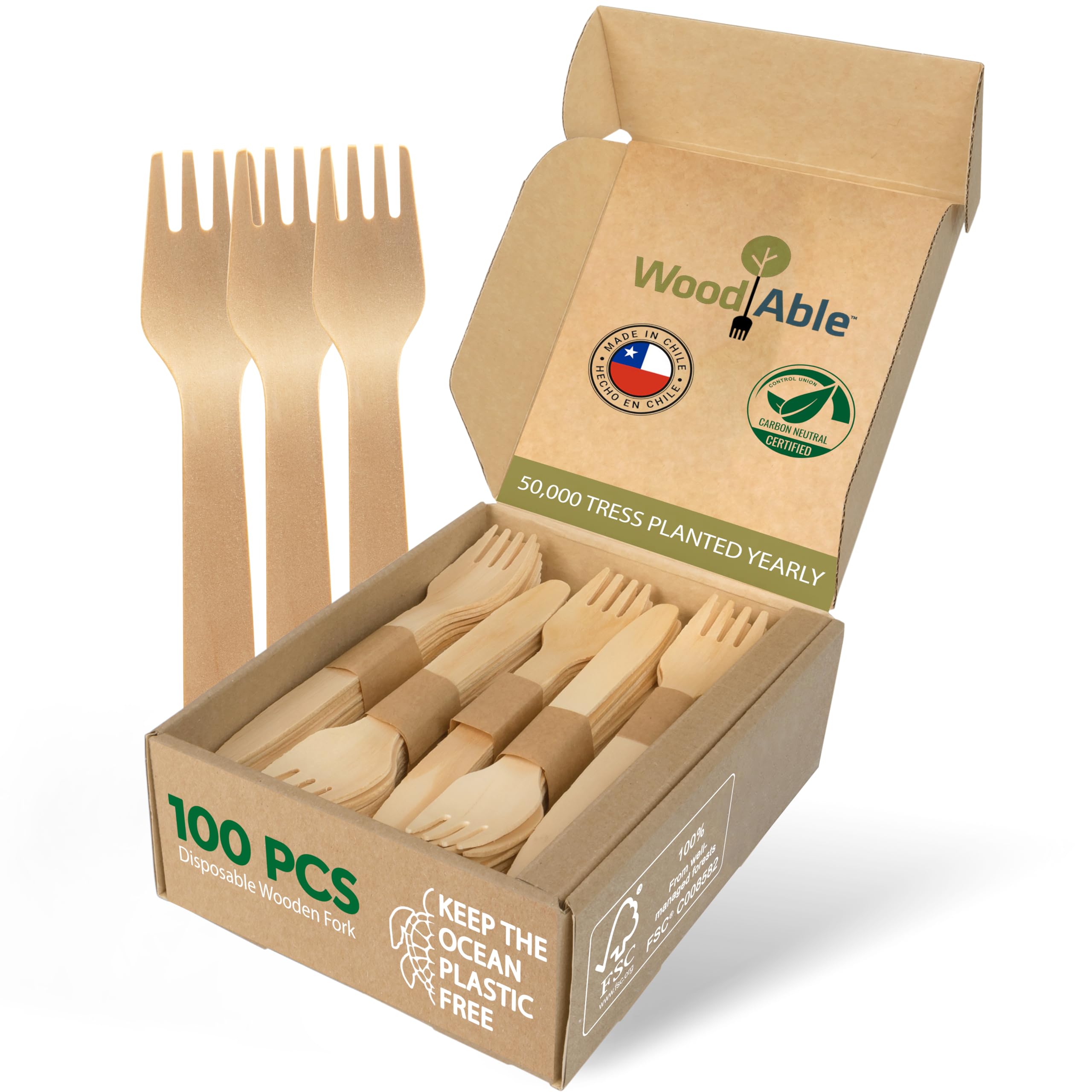 Disposable Wooden Cutlery Set - 100% Home Compostable - 100 Forks 6.5, Bamboo Utensils Alternative, Eco-Friendly, Organic, Sus
