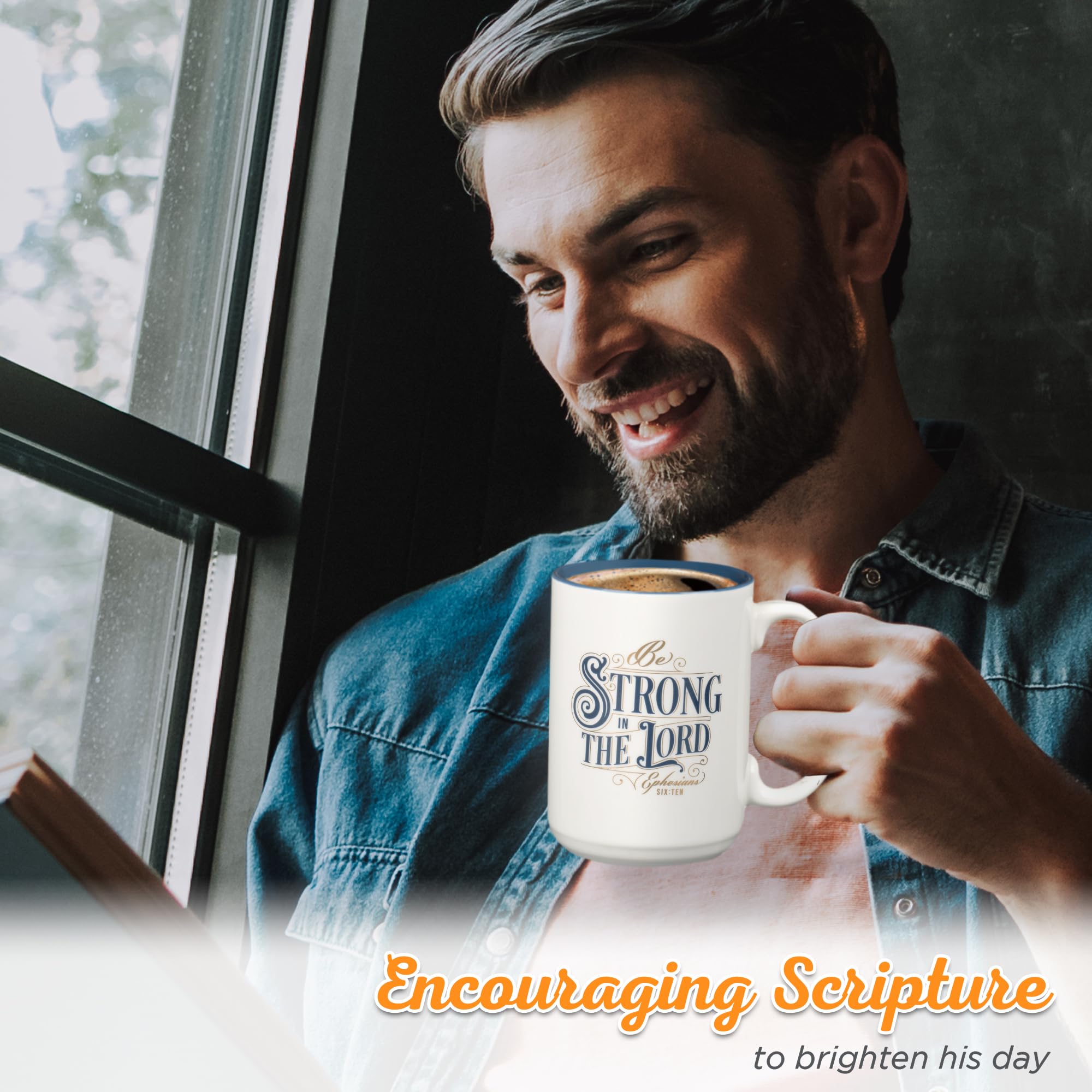 Christian Art Gifts Large Ceramic Coffee & Tea Mug for Men & Women: Strong in the Lord Bible Verse, White & Blue, 14 oz.