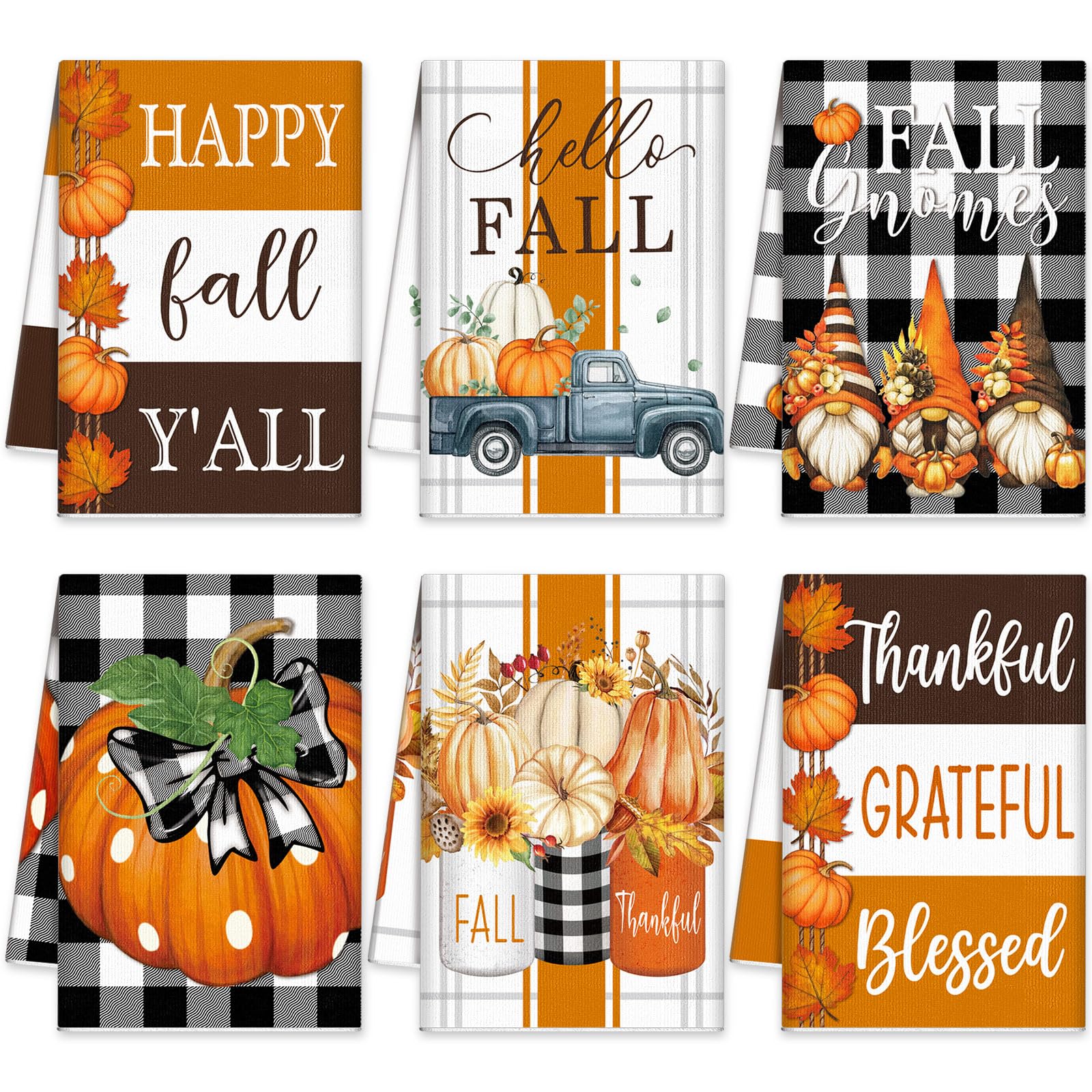 Windkream 6-Piece Fall Thanksgiving Kitchen & Bath Towels - Pumpkin Buffalo Plaid 21.26 x 14.17 Inches Autumn Tea Towels for Kit