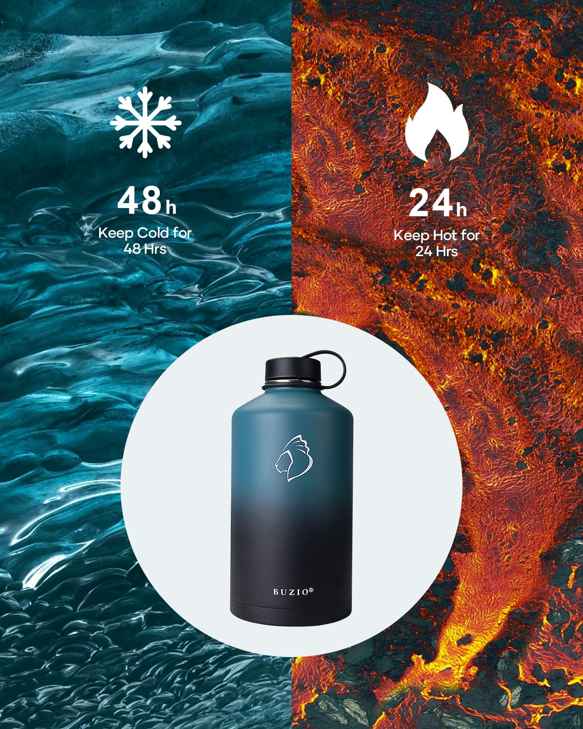 BUZIO 1 Gallon Water Jug with Straw Lid  128oz Water Bottle Stainless Steel Double Wall Hydro Jug Water Flask 18/8 Food Grade Thermo Mug Keep Cold 48H & Hot 24H  Indigo Crush