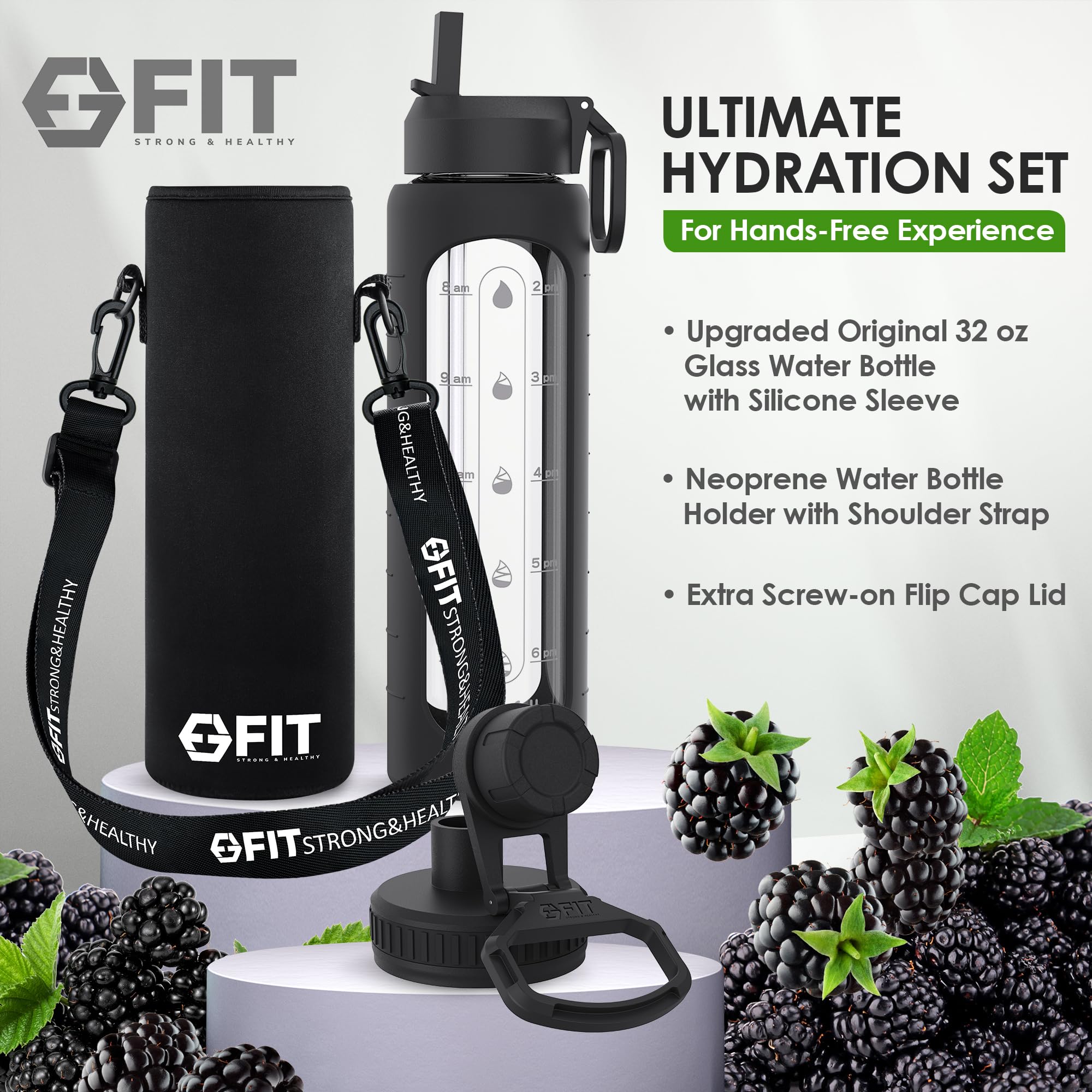 32 Oz Glass Water Bottle With Straw Lid, Time Marker, Sleeve, Extra Lid & Water Bottle Holder With Strap - Motivational, Wide Mo