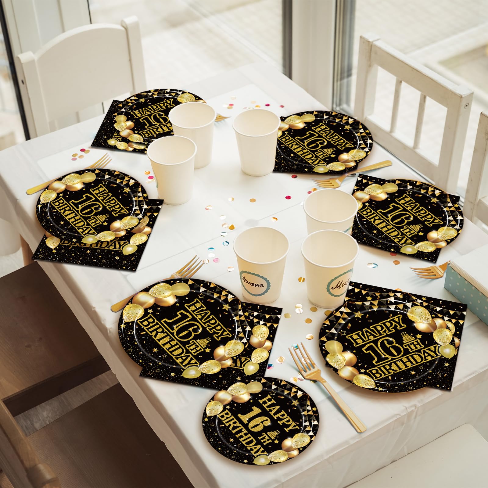 96Pcs 16Th Birthday Party Tableware Set, Black Gold Cheers To 16 Years Party Decorations Supplies 16 Years Old Birthday Party De