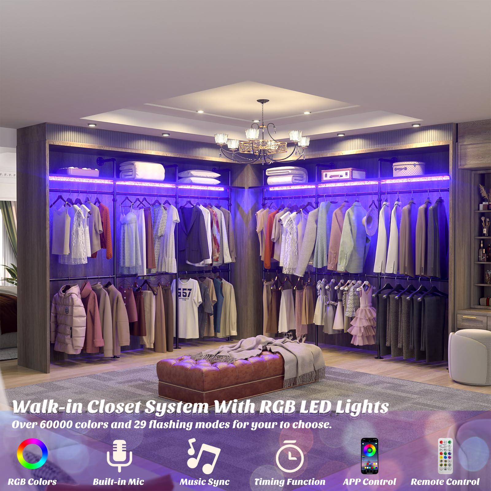 Aheaplus Industrial Pipe Clothing Rack, Reversible 118.3'' Clothes Rack For Hanging Clothes, Heavy Duty Garment Rack Closet Ward