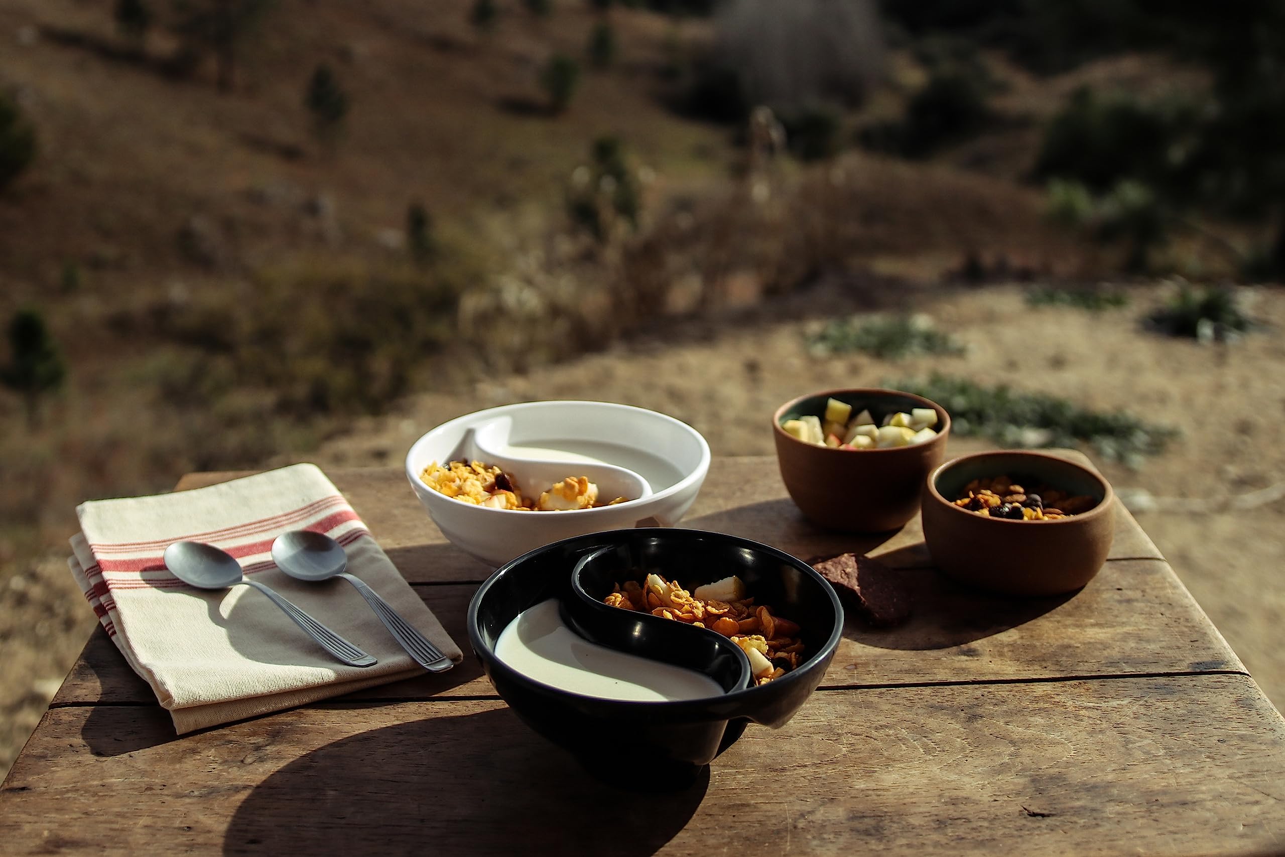 VALLENWOOD Divided Cereal Bowl Set - Unbreakable Melamine, Anti-Soggy Design, Black x2