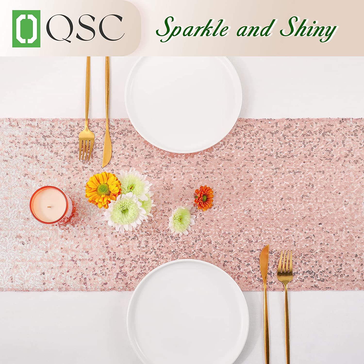 Oqsc Sequin Table Runners 72 Inches Long Christmas Glitter Table Runner For Party, Wedding, Bridal Baby 2 Pcs, Rose Gold