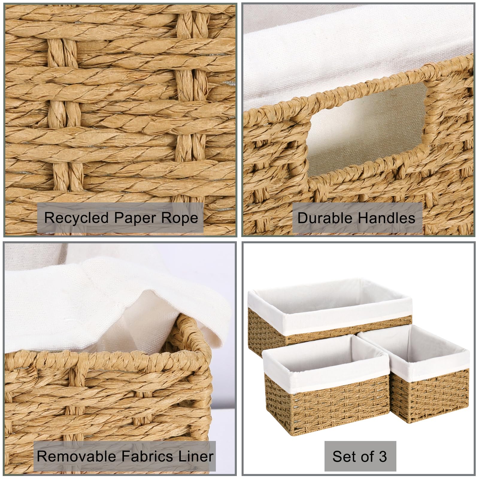 Vagusicc Wicker Storage Basket, 3-Pack Woven Paper Rope Wicker Baskets With Handles, Large Wicker Basket Cube Storage Bins With