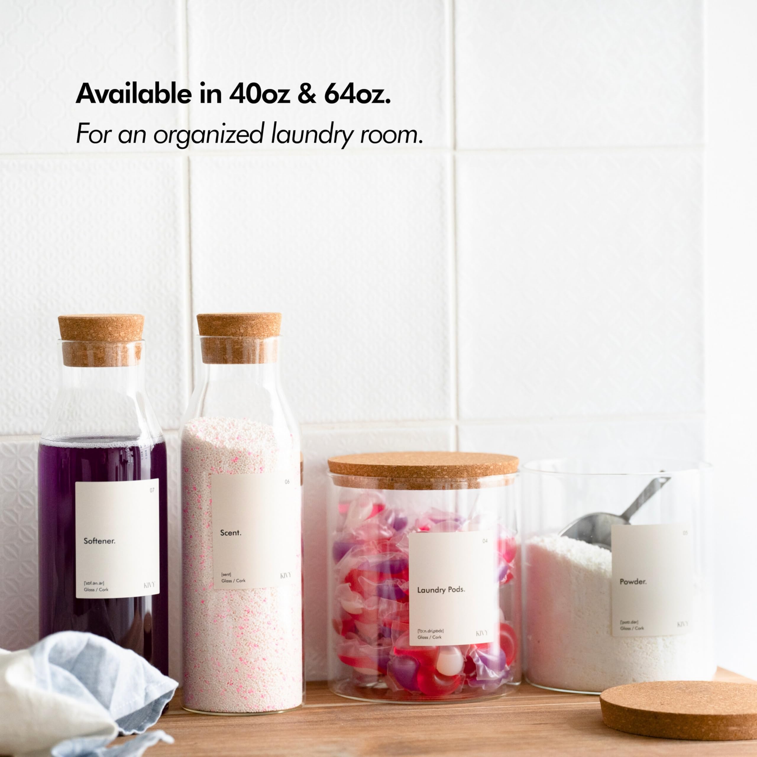 Kivy Glass Laundry Detergent Dispenser + Labels [Set Of 2] Glass Jars For Laundry Room Organization Decor - Laundry Soap Dispens