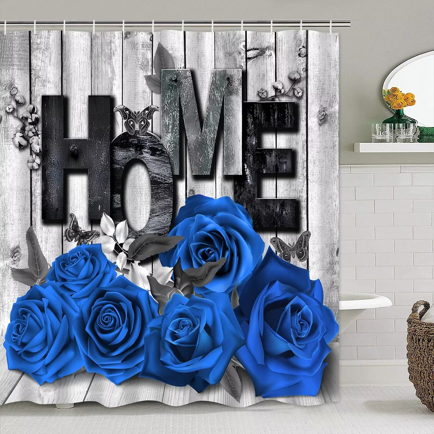 Yddsky Blue Rose 4 Pcs Shower Curtain Sets Non-Slip Rugs Bath Mat Toilet Cover U Shaped Mat Black Blue Shower Curtain With 12 Ho
