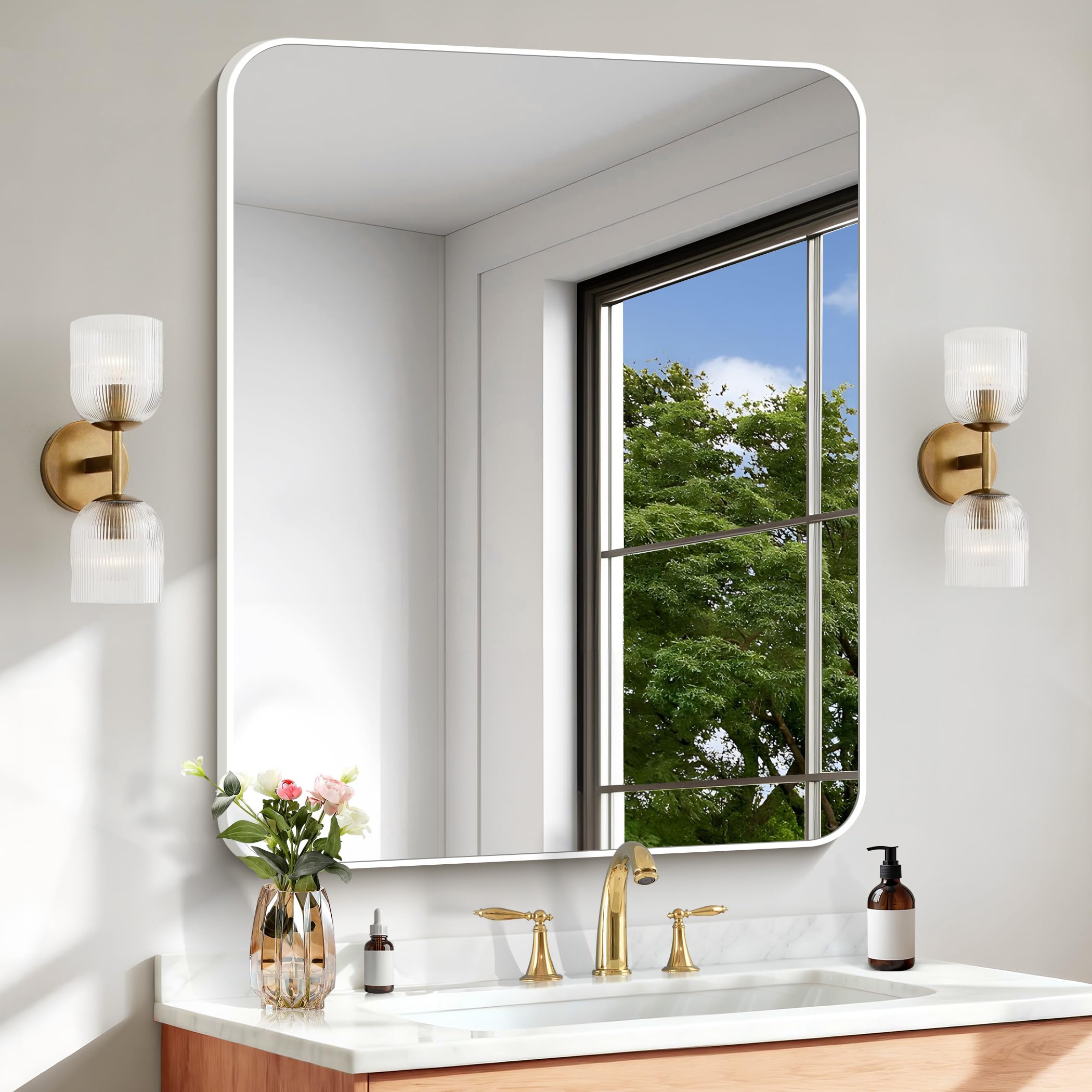 BONEWEI White Bathroom Mirror,30x36 inch Wall Mirror for Bathroom Wall Mounted,Rectangle Mirror for Bathroom Over Sink,Modern Fr