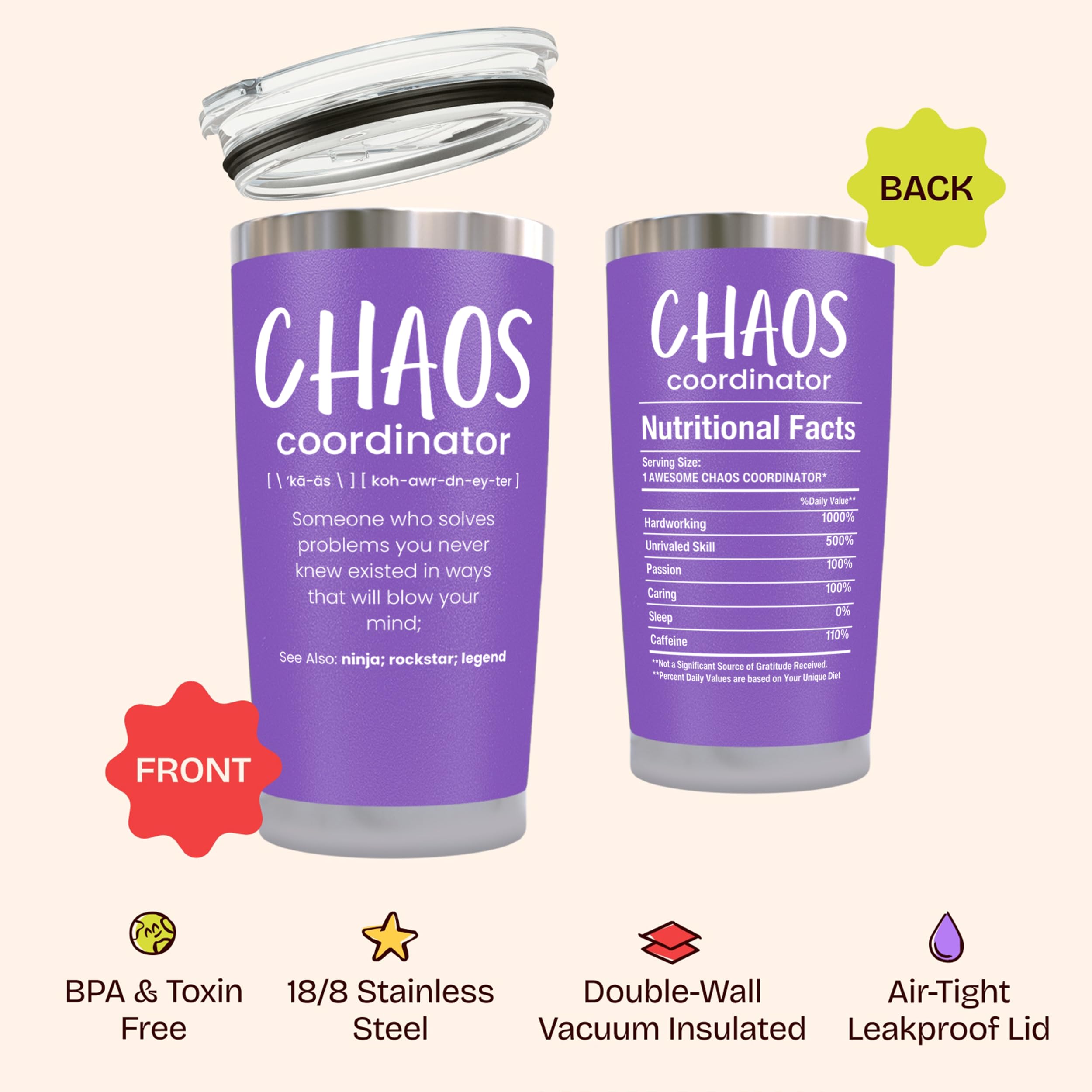 KLUBI Chaos Coordinator Gifts for Women - Nurse Appreciation Gifts for Her 20oz Purple Tumbler for Women, Bosses Day, Nurse Mana