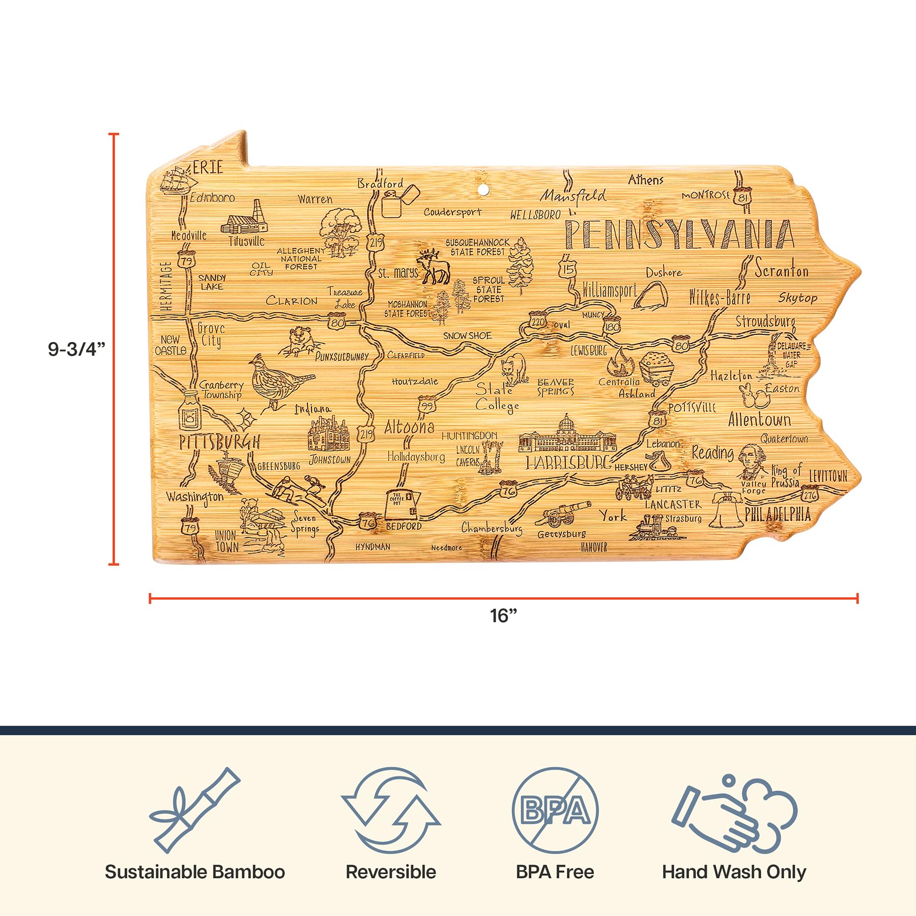 Totally Bamboo Destination Pennsylvania State Shaped Cutting Board, Charcuterie and Cheese Serving Board - Pennsylvania Gift for