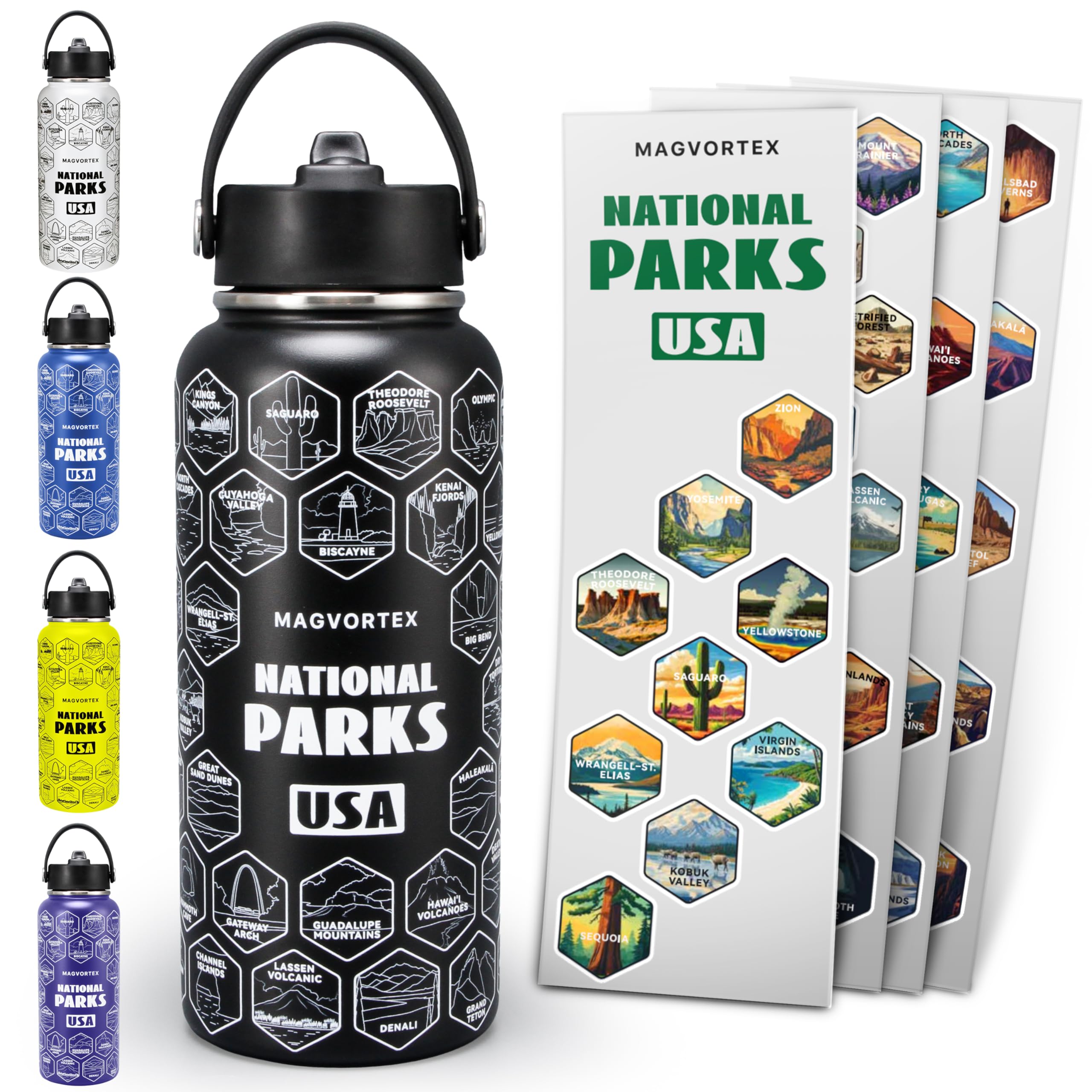 National Parks Black Water Bottle with Durable Stickers - 32oz Insulated Stainless Steel Water Bottle with Spout Lid - Insulated