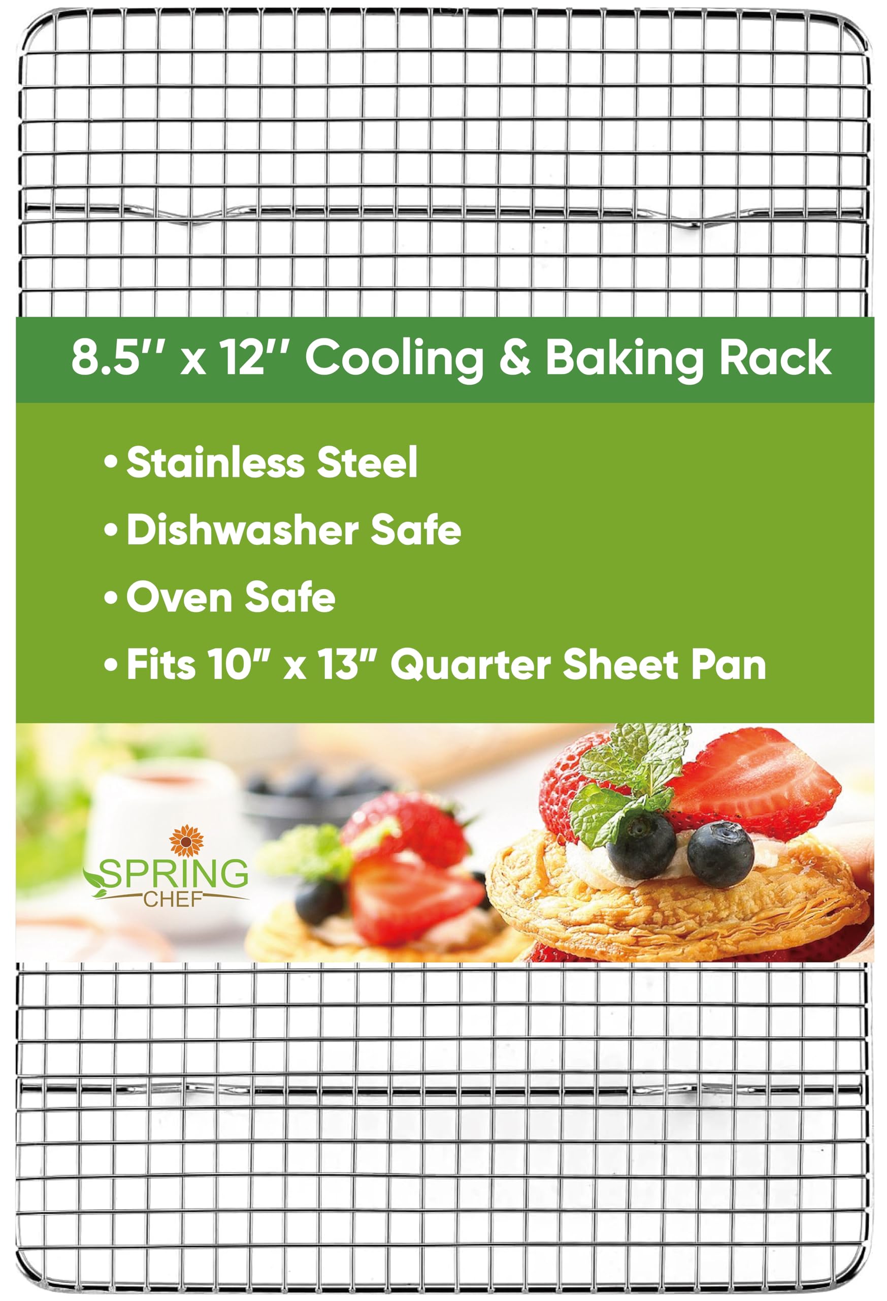 Spring Chef 8.5 x 12 Inch Stainless Steel Cooling Rack for Cooking and Baking - Oven Safe Cookie Cooling Rack - Fits Small Quart