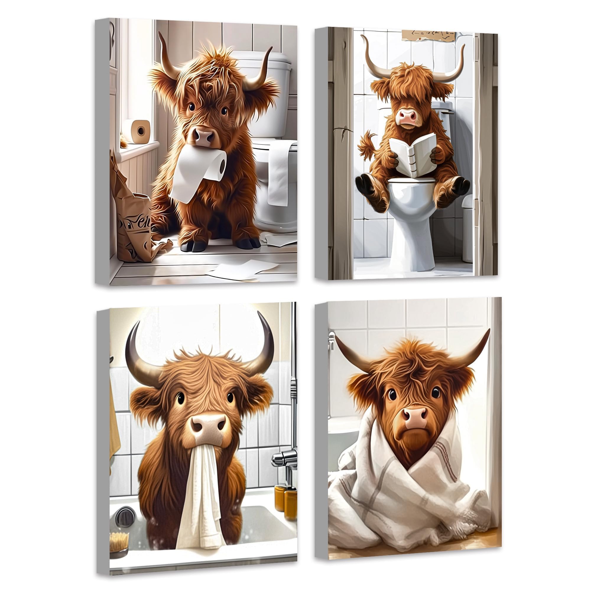 Drsoum Cute Highland Cow Bathroom Framed Wall Art Funny Animal Rustic Canvas Prints for Bathroom Restroom Decor 8x10in (Framed)