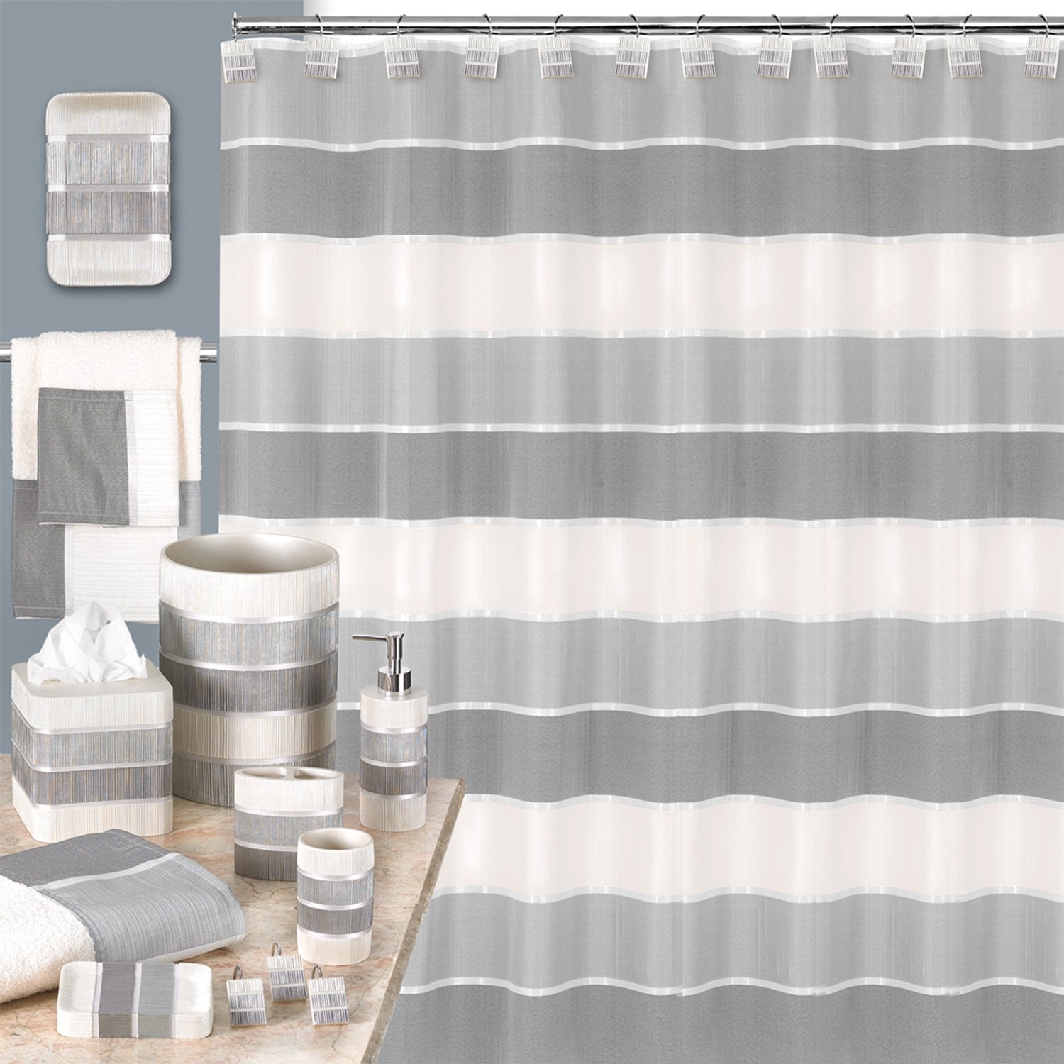 Zahari Home 13Pc Modern Line Shower Curtain Sets Gray Shower Curtain & 12 Shower Curtain Hooks Luxury Contemporary Modern Shower
