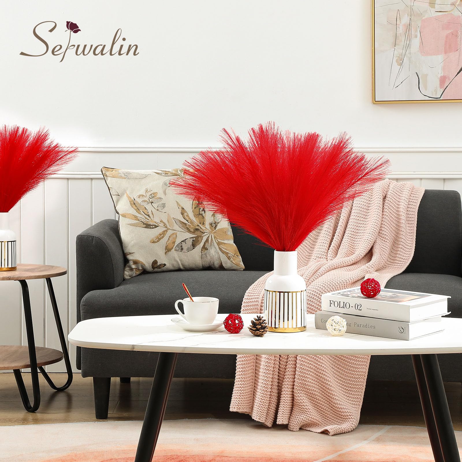Serwalin 60Pcs Red Pampas Grass Decor, 17.7 Faux Pampas Grass, Artificial Short Pompas Grass Fluffy Plant Vase Filler Boho Decor