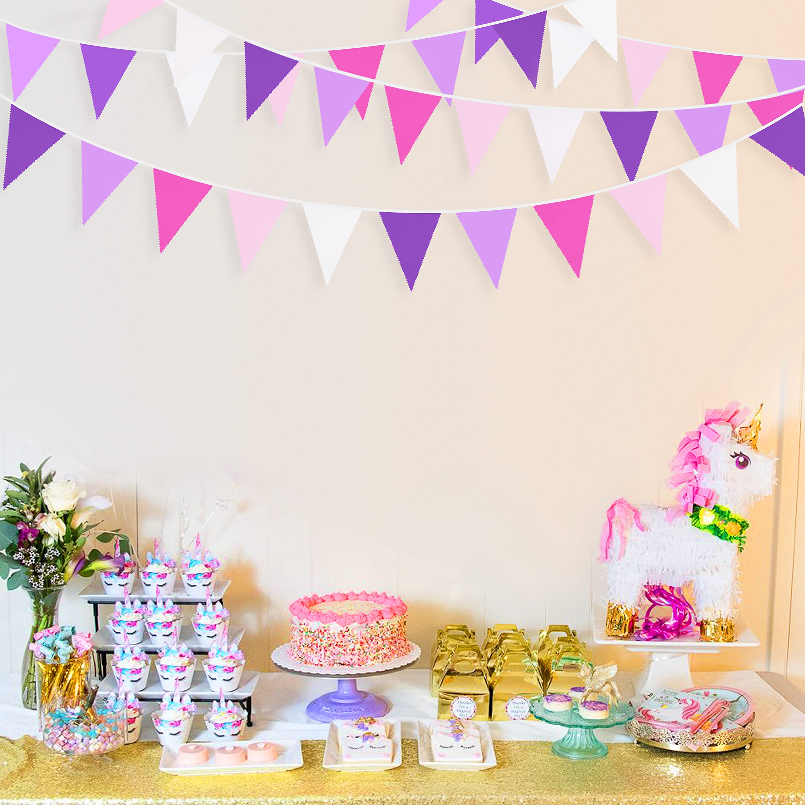 10M/32Ft Rose Pink Purple White Pennant Banner Fabric Triangle Flag Cotton Bunting Garland for Unicorn Birthday Wedding Anniversary Party Home Nursery Outdoor Garden Hanging Festivals Decoration