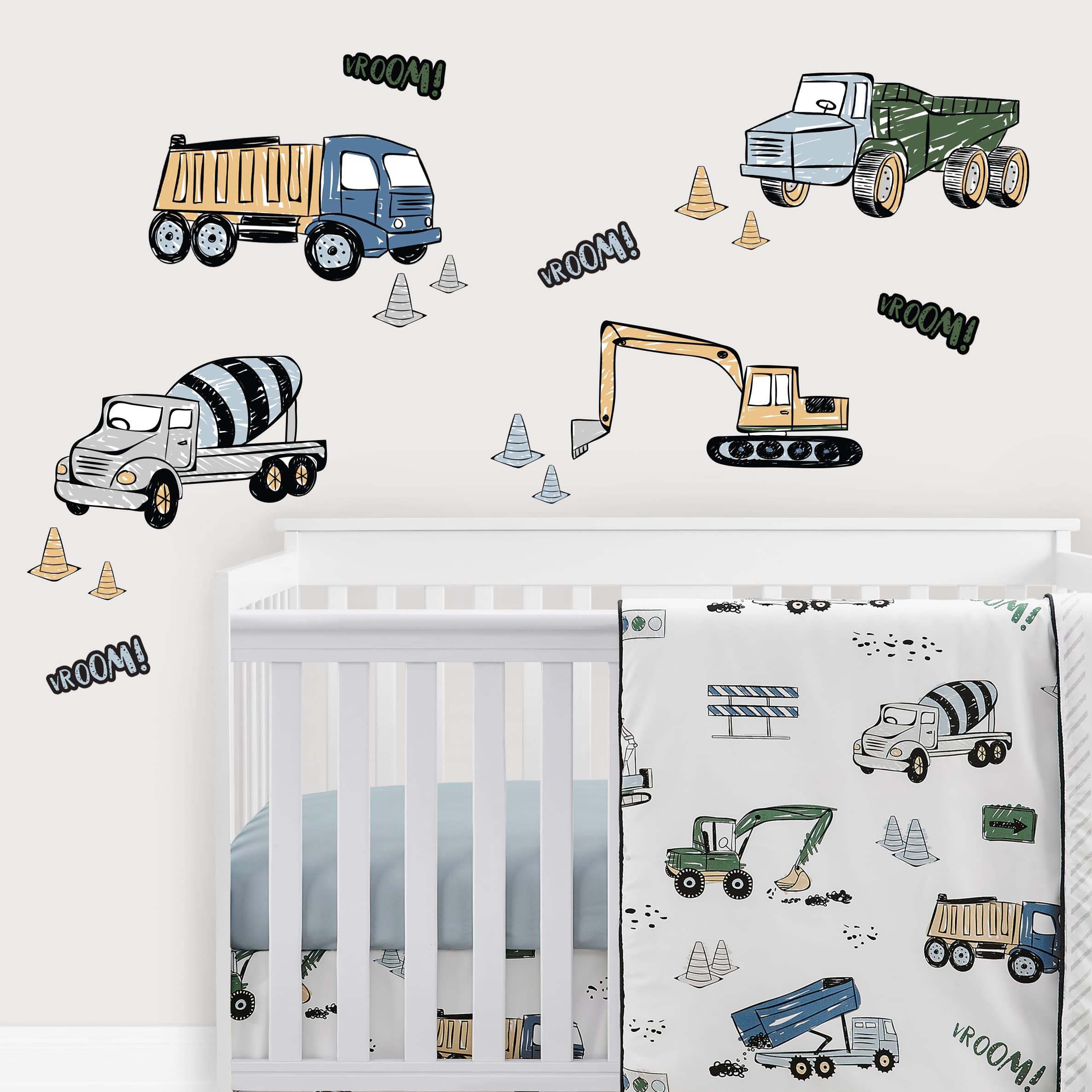 Sweet Jojo Designs Construction Truck Large Peel and Stick Wall Decal Stickers Art Nursery Decor - Set of 4 Sheets - Grey Yellow