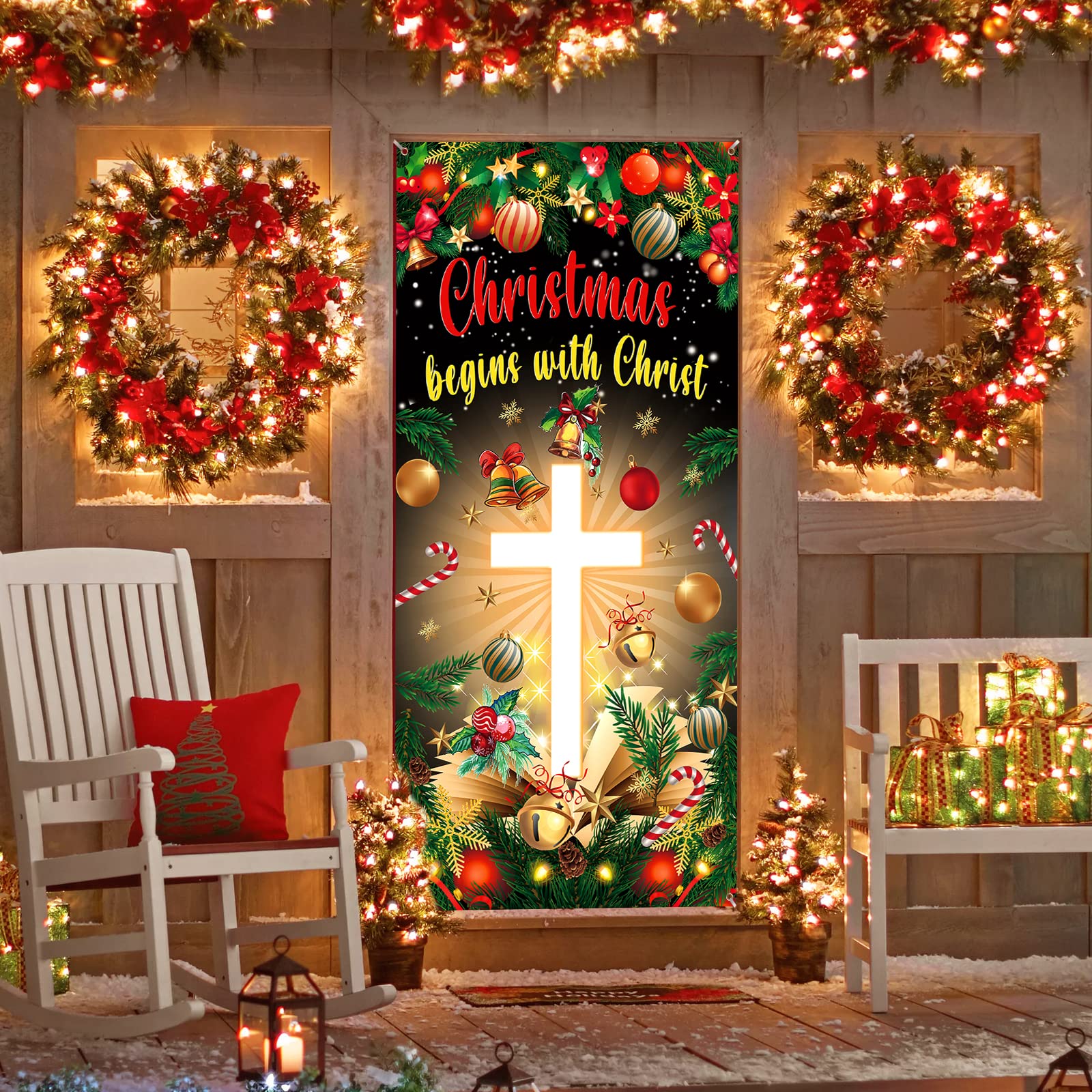 Christmas Cross Door Cover Nativity Cross Religious Door Decorations Banner Christmas Begins With Christ Porch Sign Photo Backdr