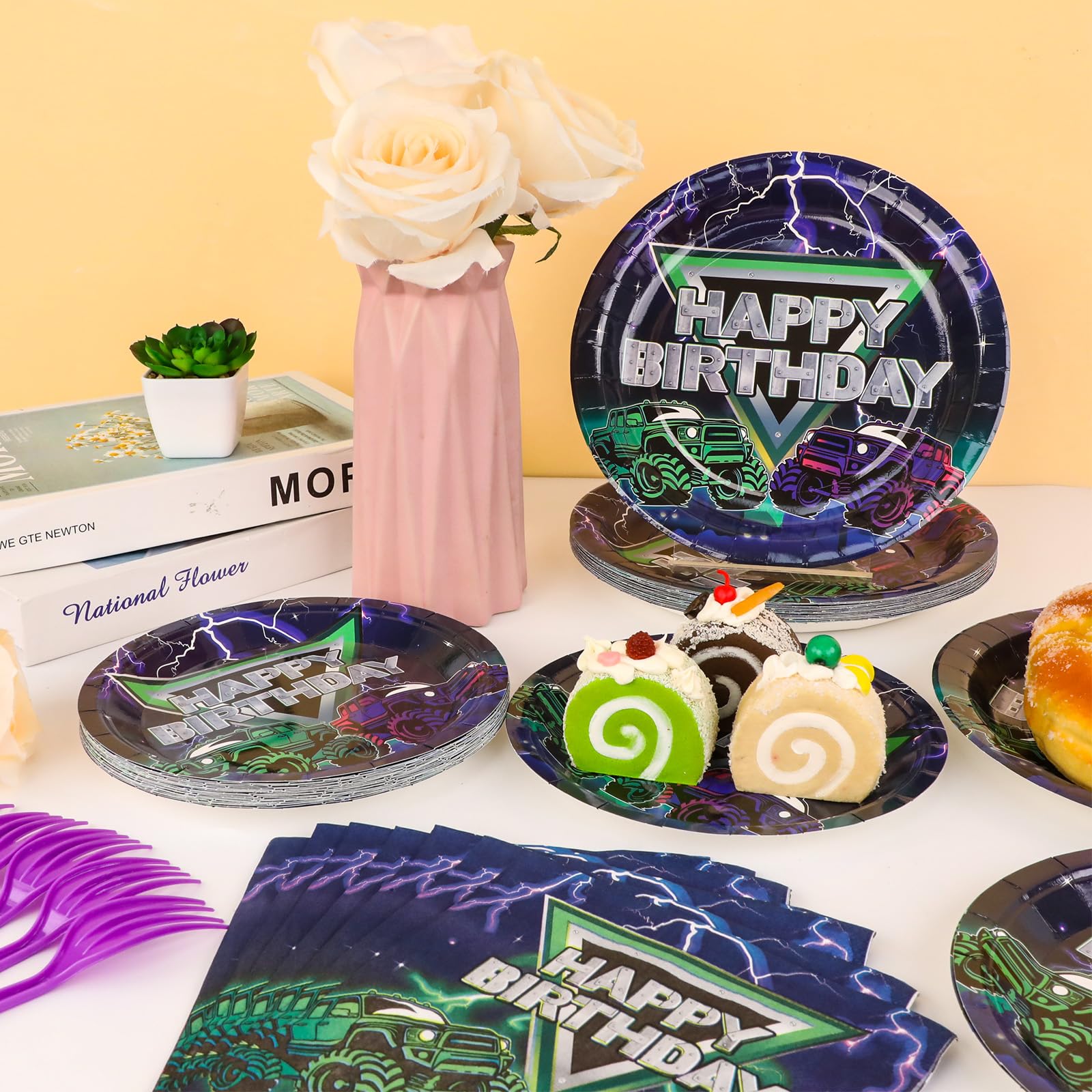 96 Pcs Monster Truck Party Supplies Decorations Truck Happy Birthday Party Plates Green Purple Monster Truck Tableware And Napki