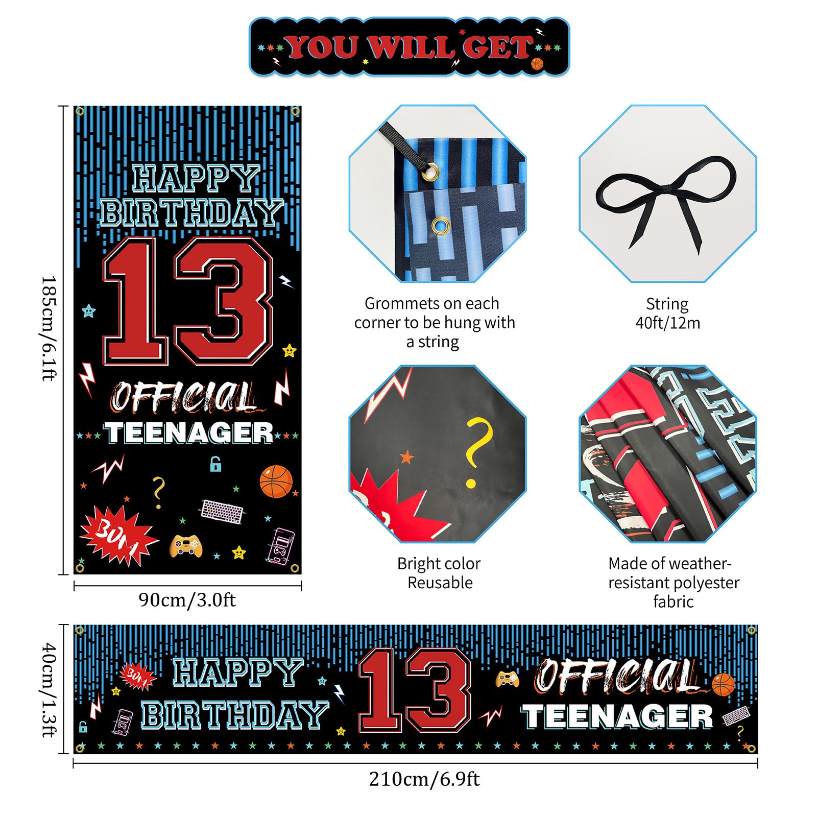 Happy 13Th Birthday Decoration Set, Official Teenager 13 Birthday Backdrop Banner For Boys Girls, Thirteenth Birthday Party Yard