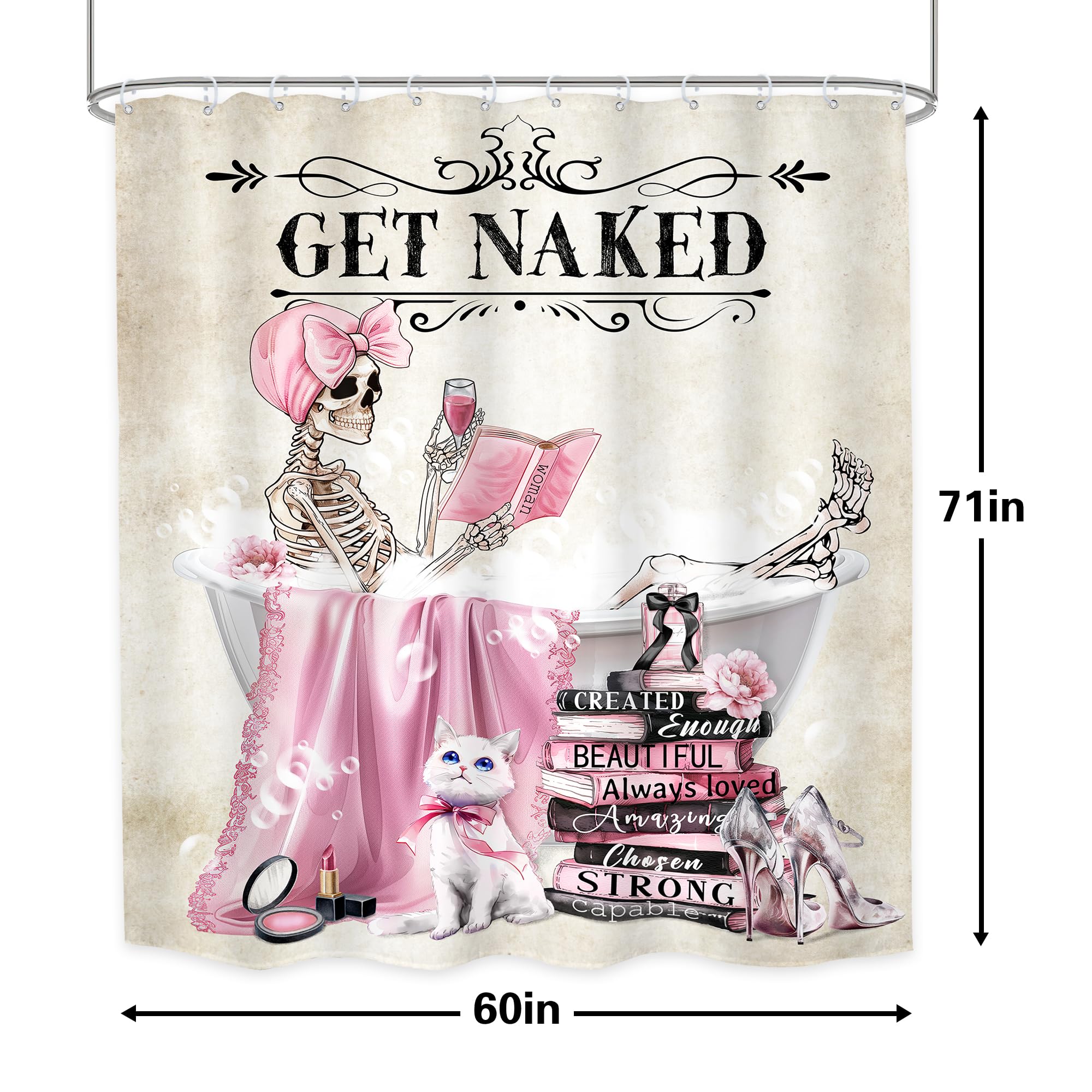 Lghtyro Skull Skeleton Fashion Pink Shower Curtain Bathroom Set 60Wx71H Inches Girly Funny Gothic Halloween Bathing In Bathtub C