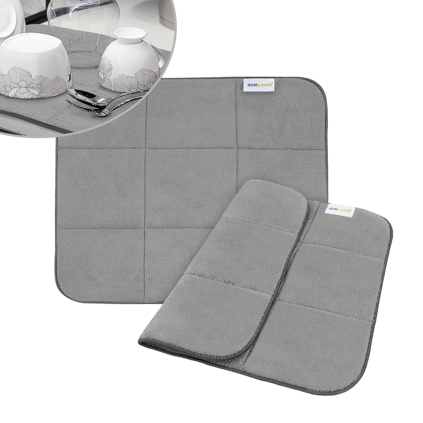 Sinland Microfiber Dish Drying Mat Super Absorbent Dish Drying Rack Pads Kitchen Counter Mat 16X18Inch Dark Grey 2 Pack