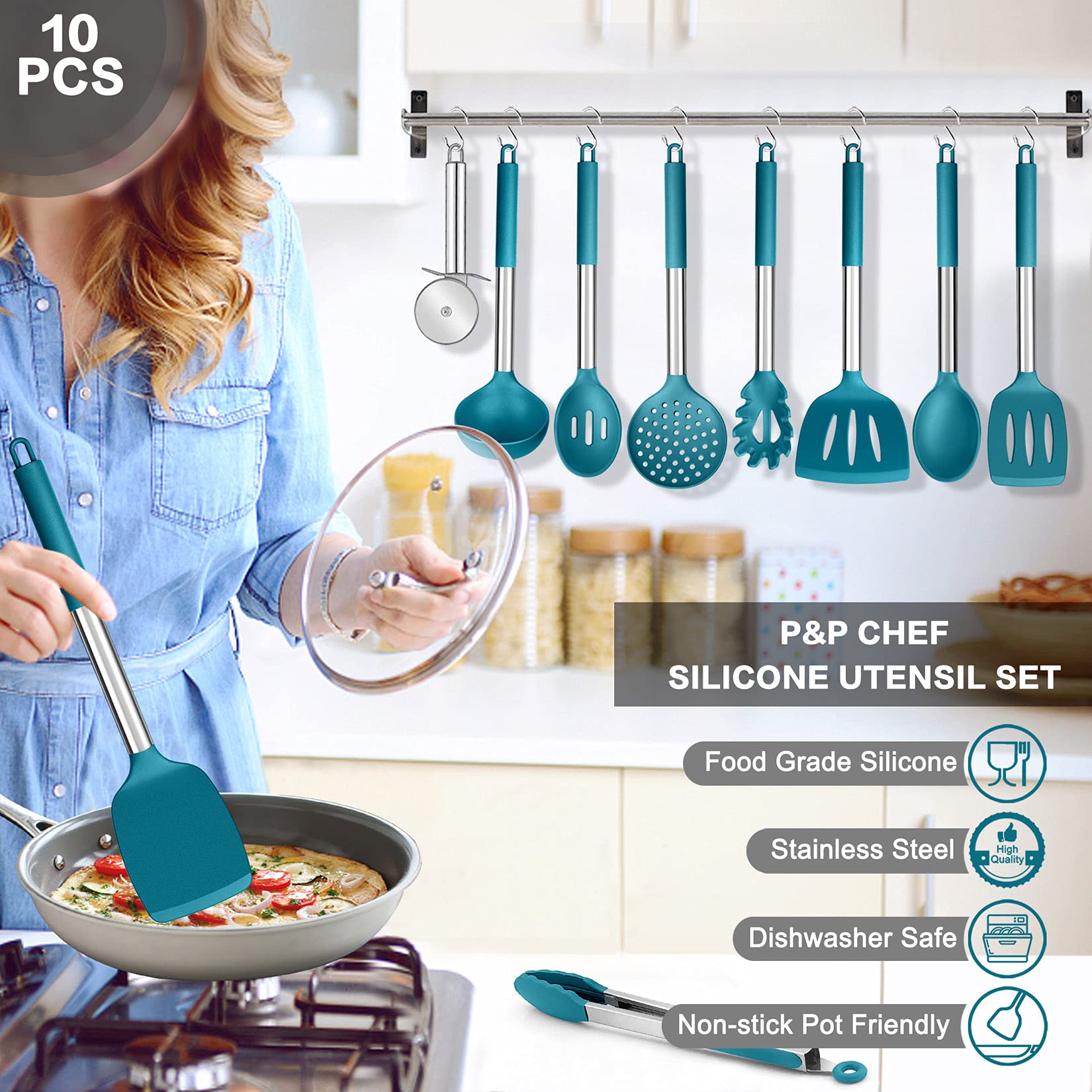 P&P Chef Kitchen Utensils Set(10Pcs), Blue Heat-Resistant Silicone Cooking Utensil Kit With Stainless Steel Handles, For Nonstic