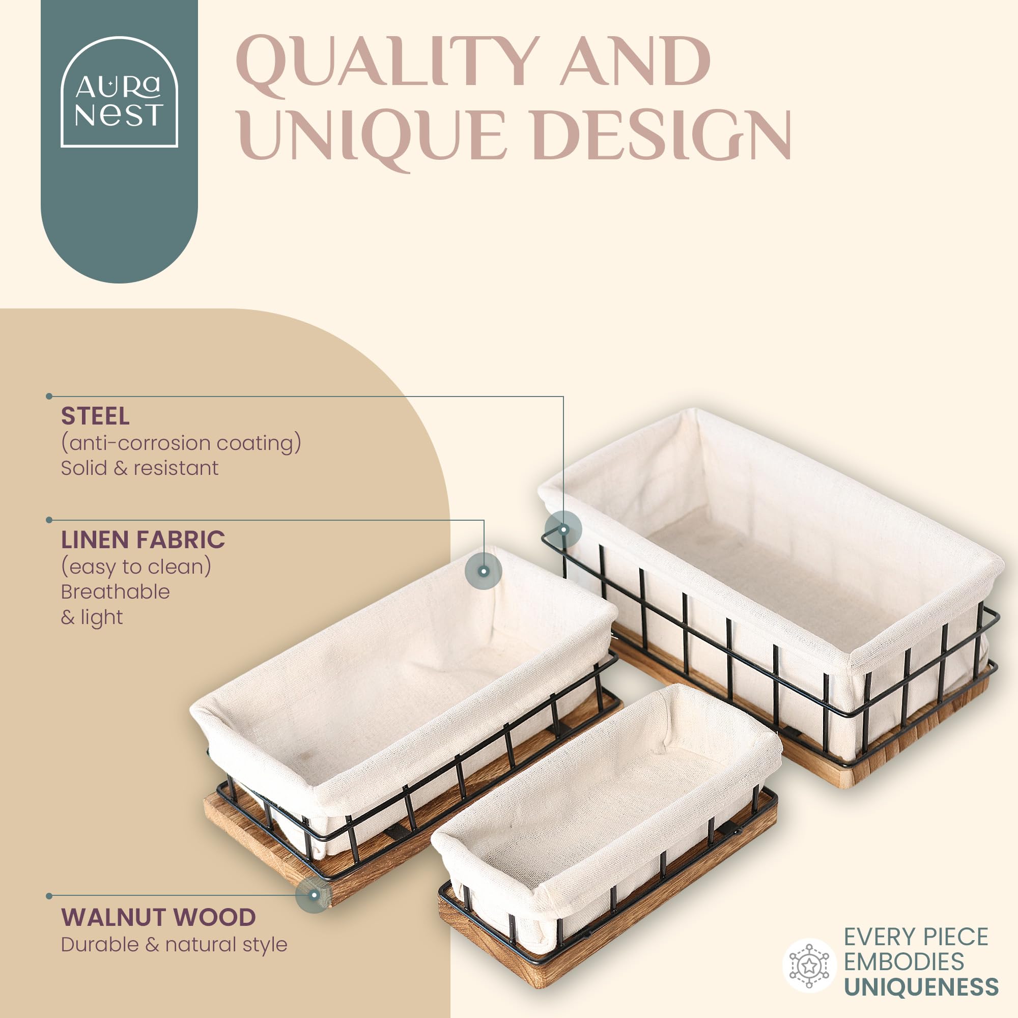 Aura Nest Metal Baskets For Organizing - Set Of 3 Black Metal Basket With Liner, Wooden Decorative Baskets For Home Decor, Bathr