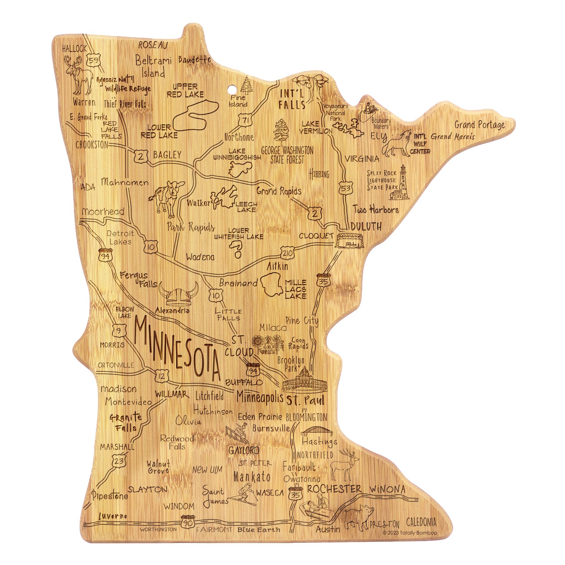 Totally Bamboo Destination Minnesota State Shaped Cutting Board, Charcuterie and Cheese Serving Board - Minnesota Gift for Home 