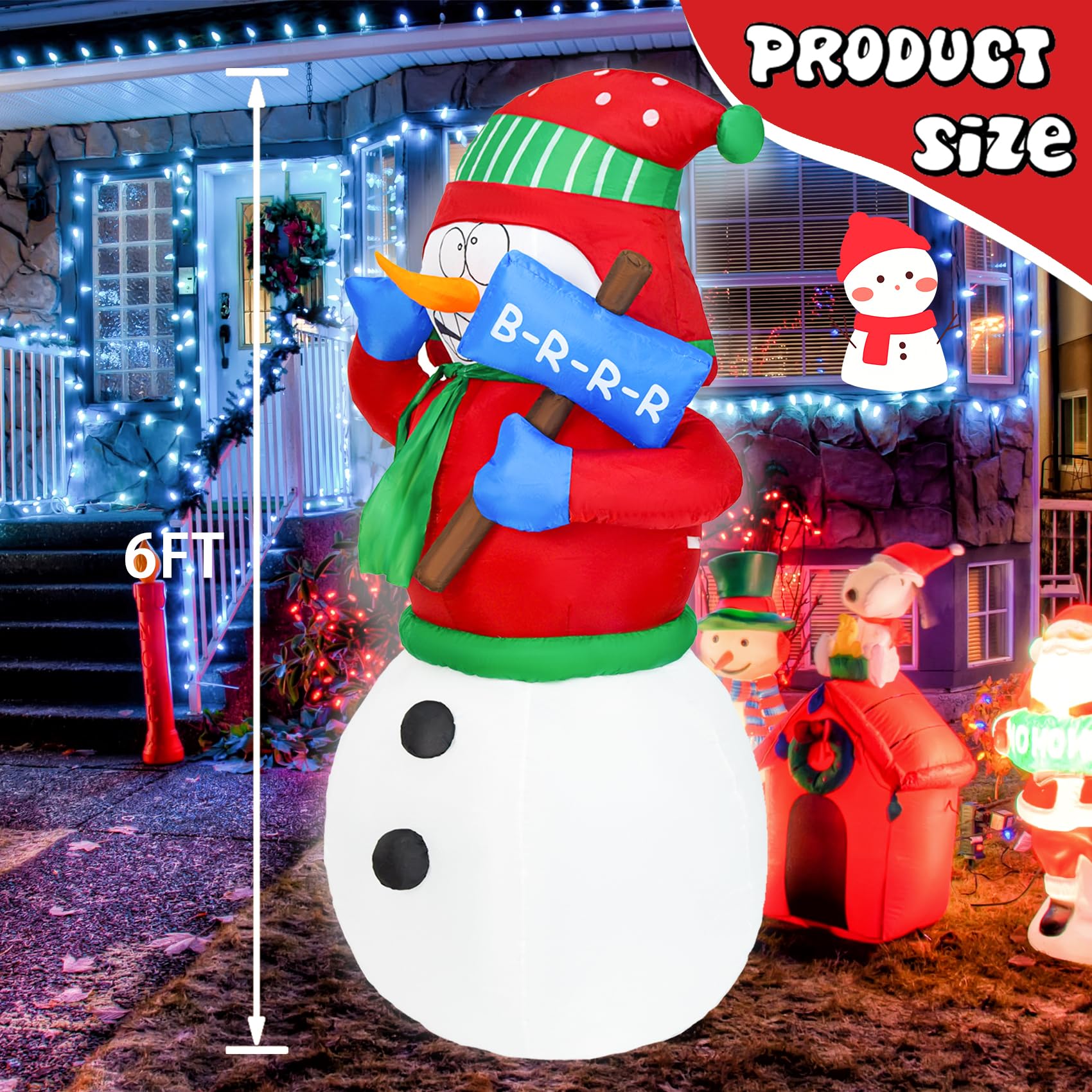 DearSun 6FT Inflatable Snowman with LED Lights - White Polyester Christmas Decoration, Model XF25001