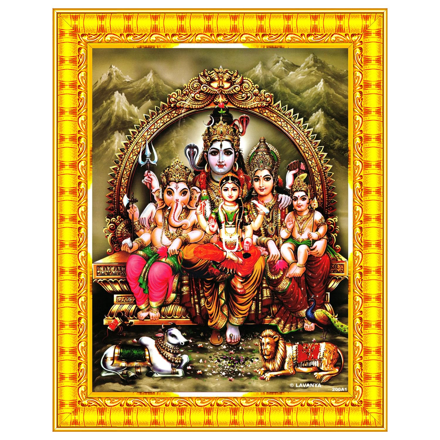 Pavan Photo Laminations Shiv Parivar Family Siva Parvati Lord Shiva Wall Painting Framed Home Decor (Wood,Matte,Gold,Small Size,