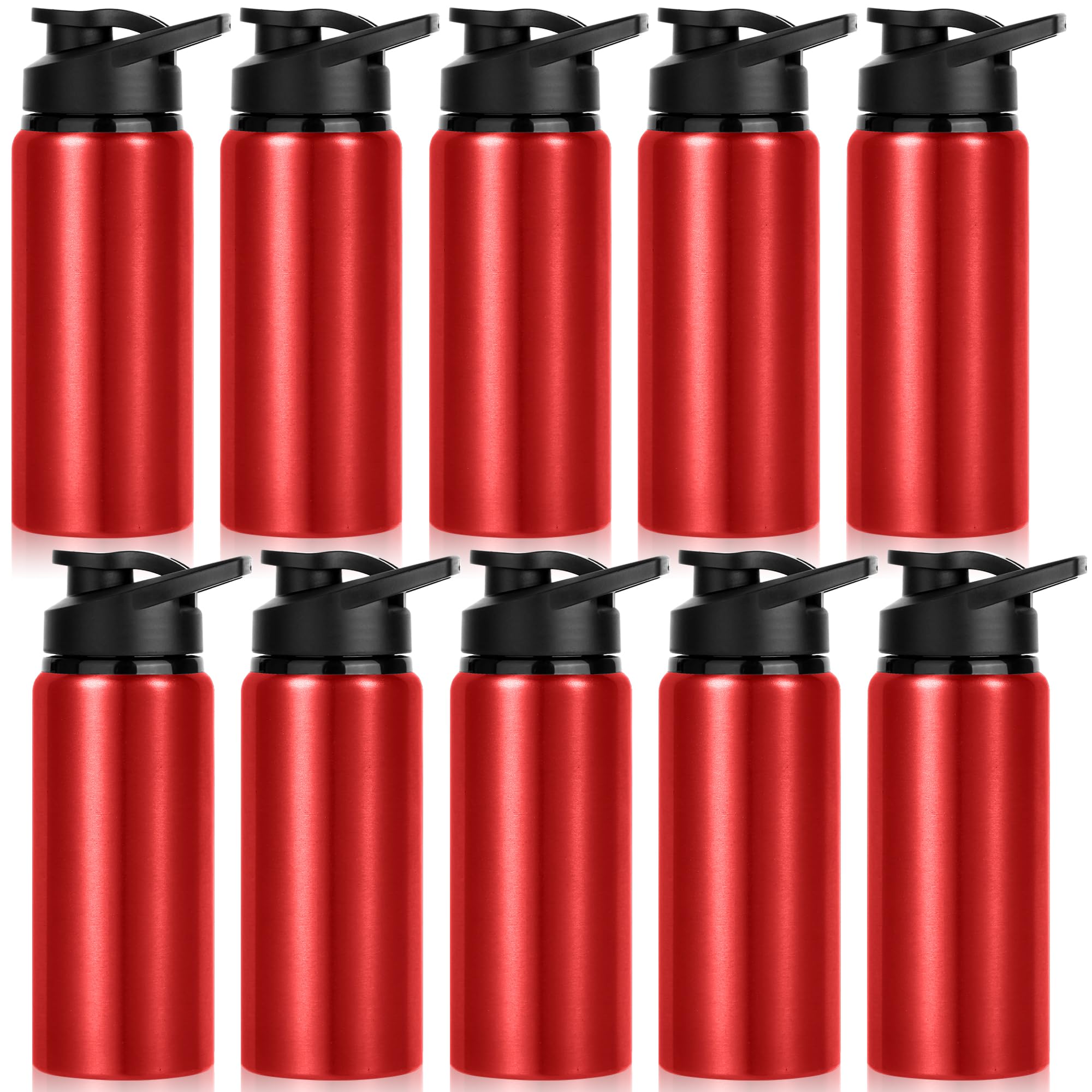 LYDTICK 10 Pack Sports Aluminum Water Bottles, 20oz Leak Proof with Snap Lids for Travel, Camping, Gym, Hiking, Fishing (Red)