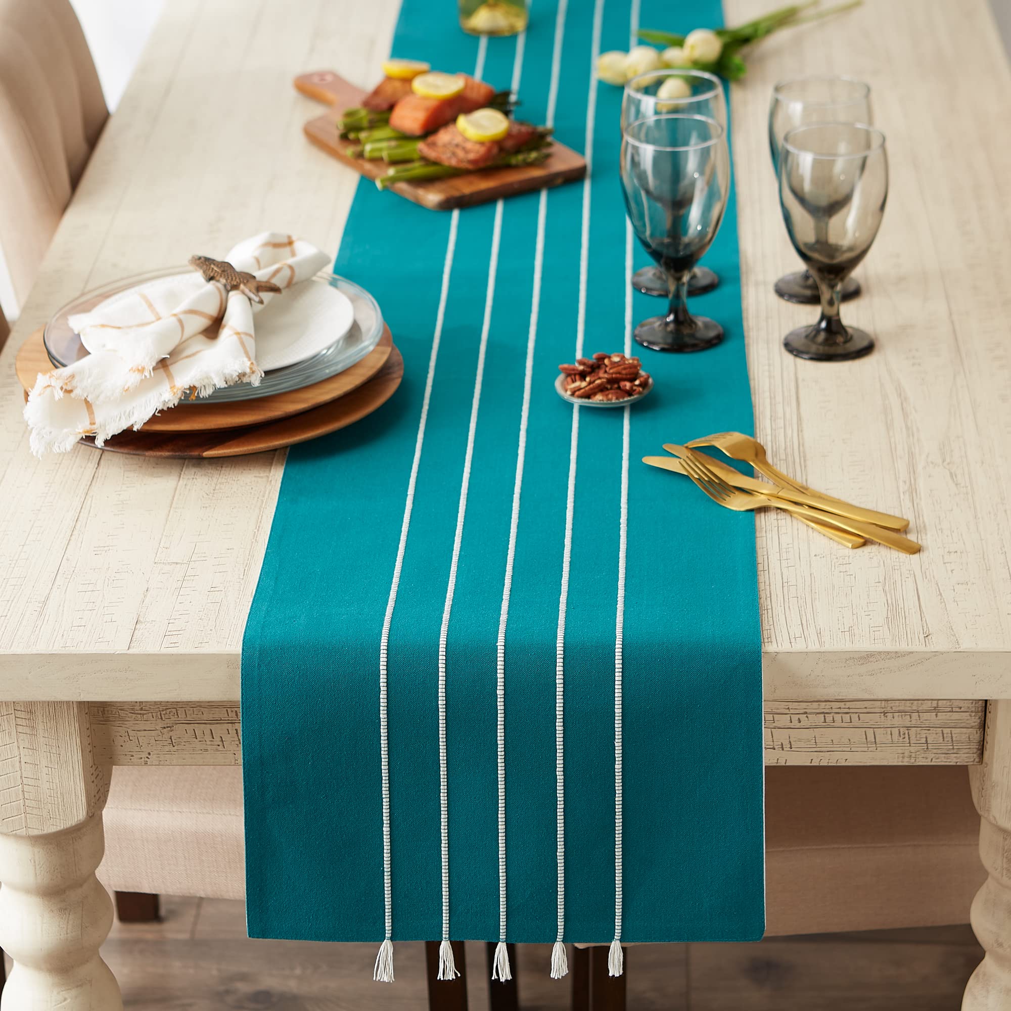 Dii Tassel Stripe Tabletop Collection Decorative, Machine Washable, Table Runner 14X72, Teal & Off-White