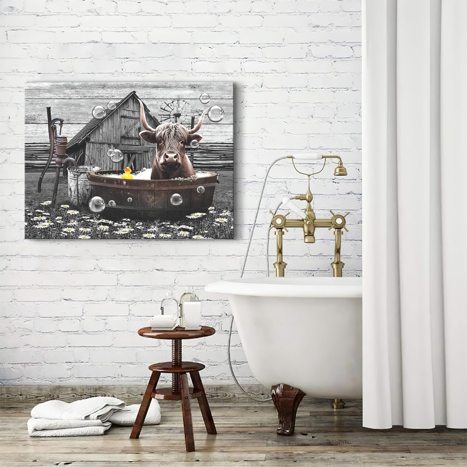 Farmhouse Bathroom Decor Wall Art Cute Highland Cow In Bathtub Pictures Wall Decor Rustic Bathroom Cow Painting For Bathroom Toi