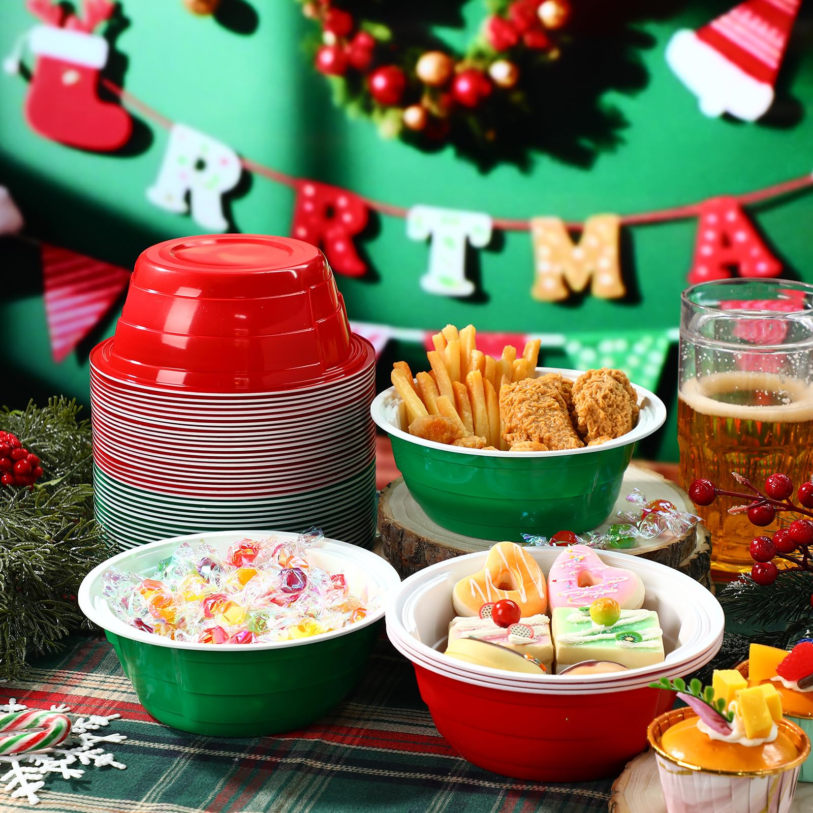 Baderke 50 Pcs Christmas Party Cup Bowls, 23 oz Disposable Plastic Bowls for Snacks, Salads and Desserts for Birthday, Thanksgiv