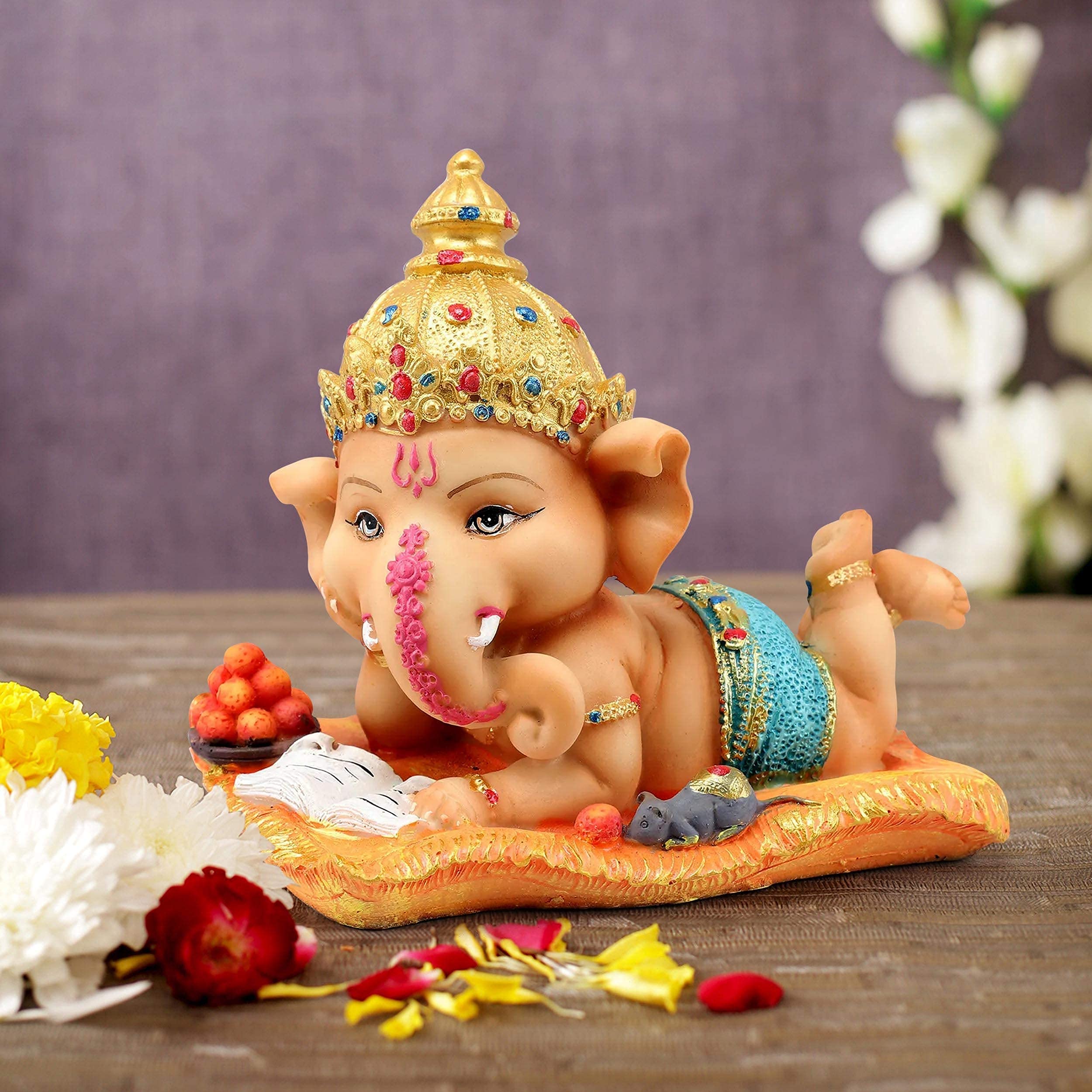 TIED RIBBONS Resin Decorative Ganesh Idol Statue Showpiece (Multi, 16 Cm X 12.9 Cm) - Decoration Items For Home Decor Mandir Tem