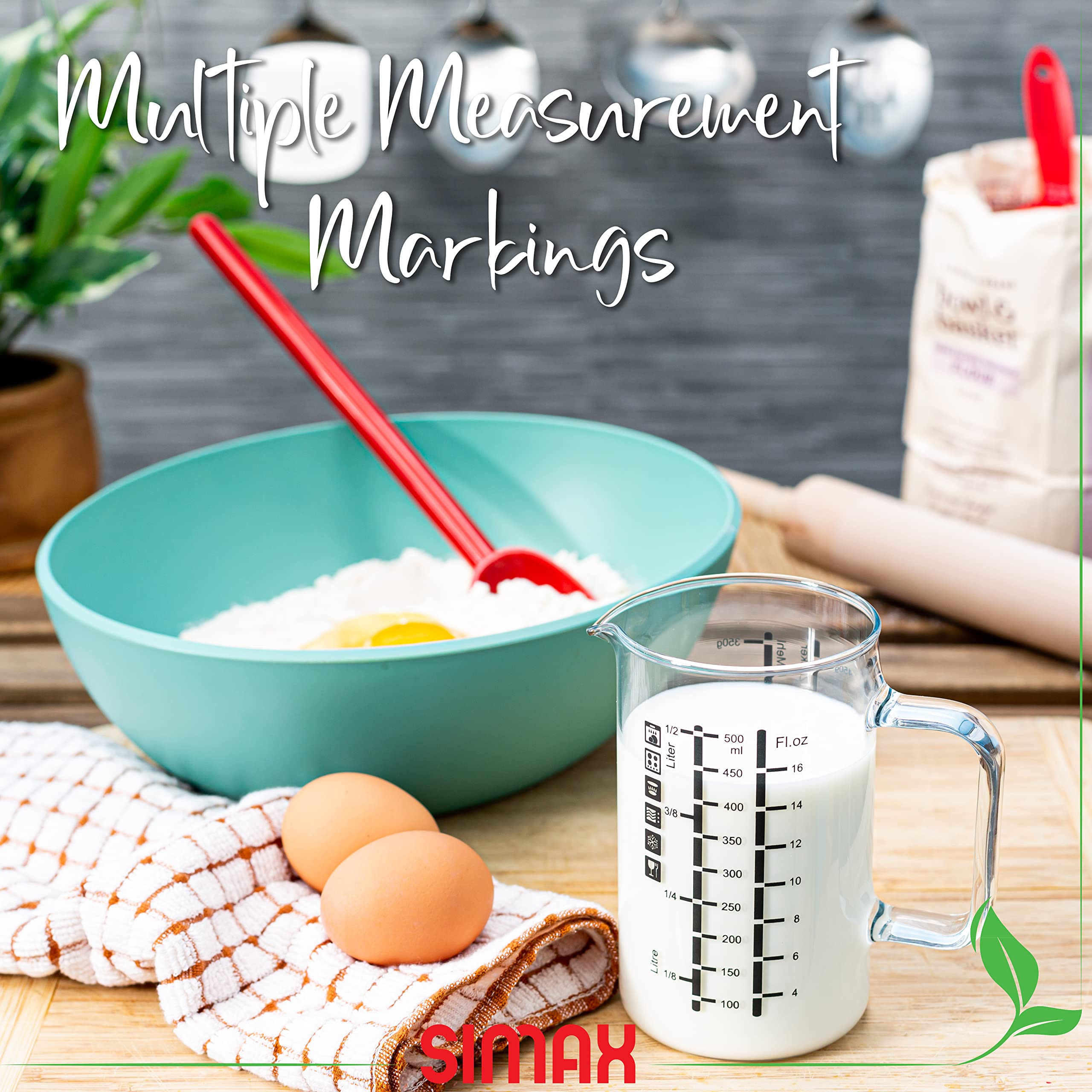 Simax Glass Measuring Cup | Durable Borosilicate Glass, Easy To Read Metric Measurements- Liter, Milliliter, Ounce, Sugar Grams,