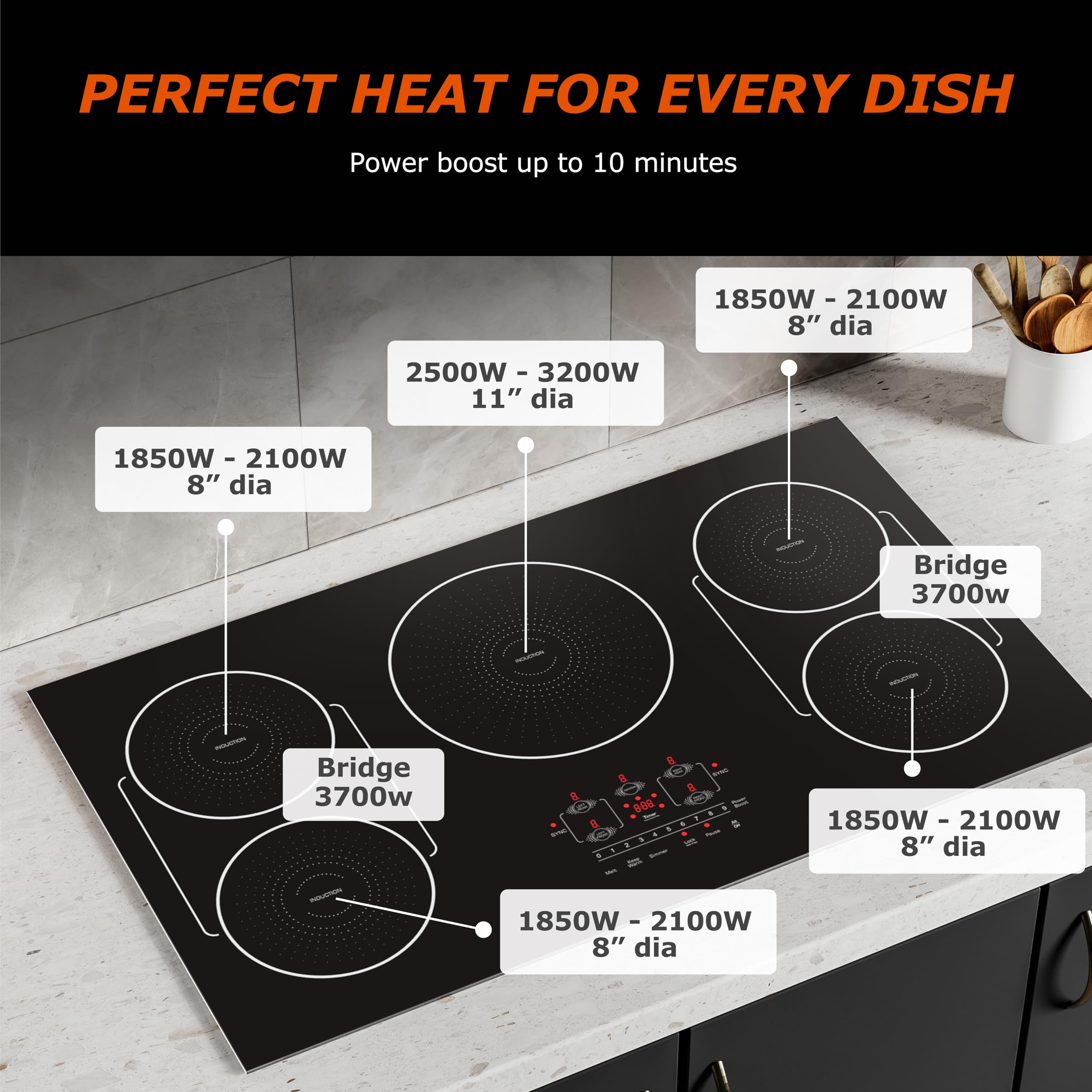 Bigoods 36 Inch Induction Hob Cooktop 5 Burners, Flat Glass Top Electric Stove With Bridge-Sync, 3 Preset Modes Booster, Timer,