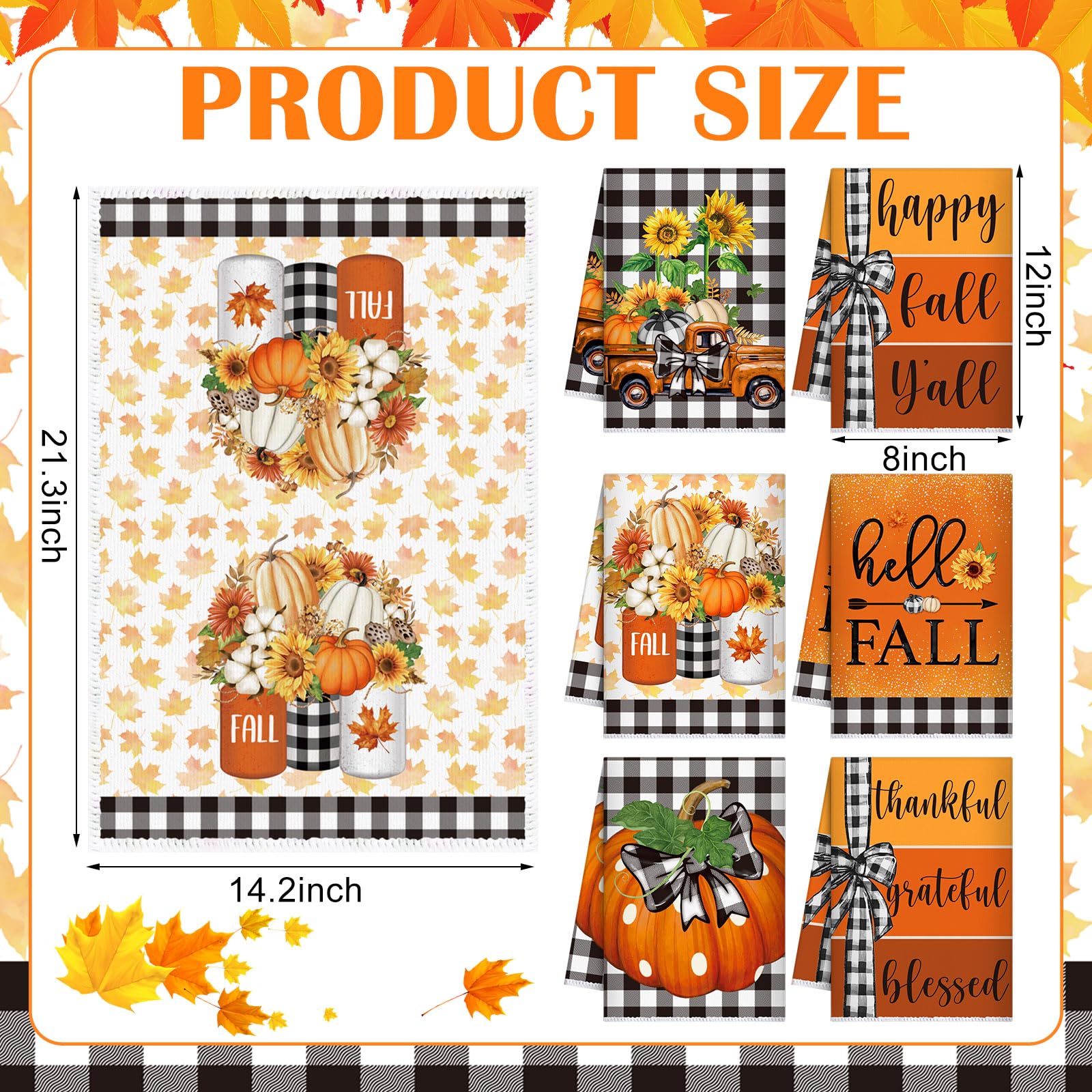 Windkream 6 Pieces Thanksgiving Kitchen Towels Pumpkin Dish Towels Buffalo Plaid Bathroom Hand Towels 21.26 x 14.17 Inches Autum