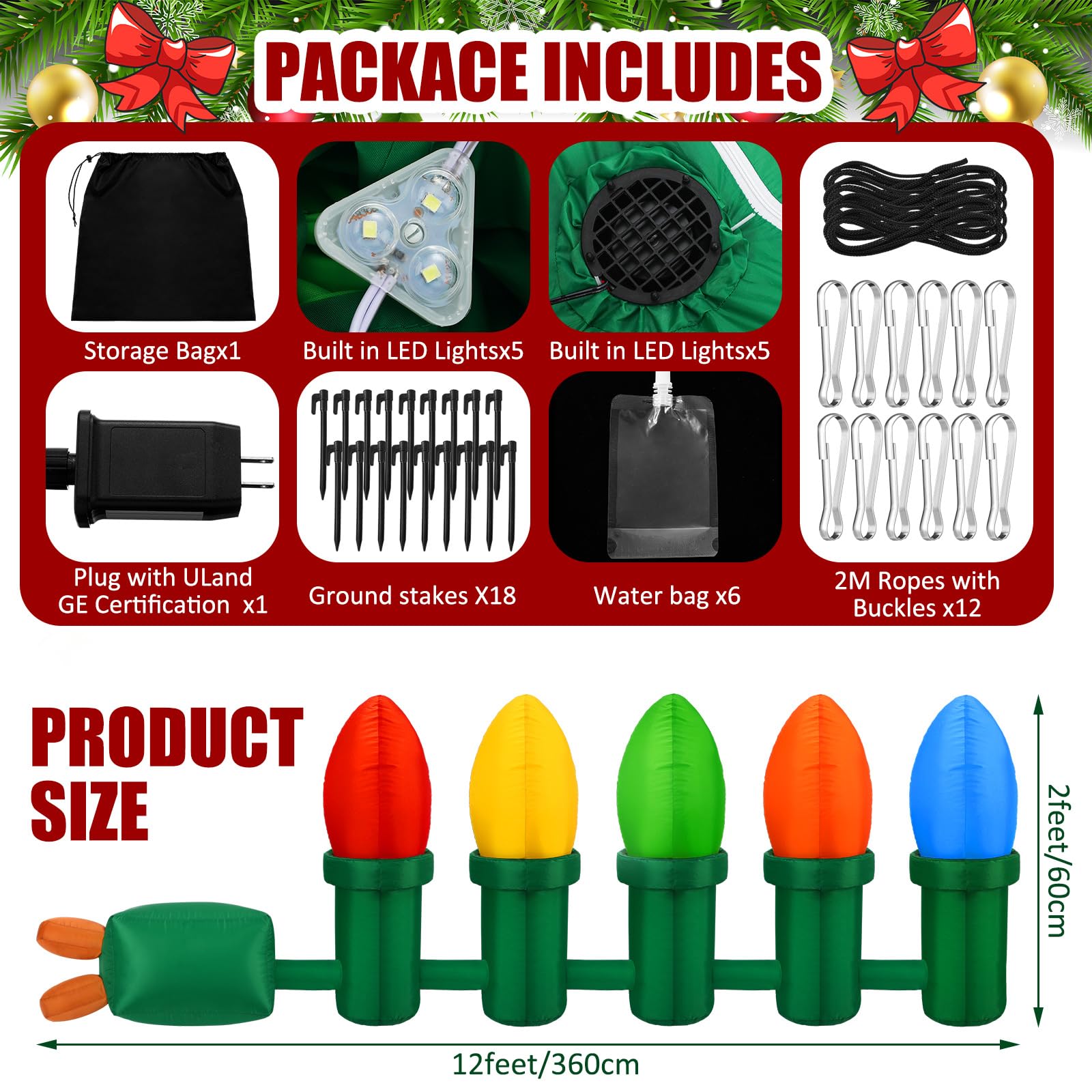 Honoson 12 ft Inflatable Christmas Light Bulb Ornaments Balls Decoration Inflatable Christmas Hanging Decoration PVC Outdoor Lig
