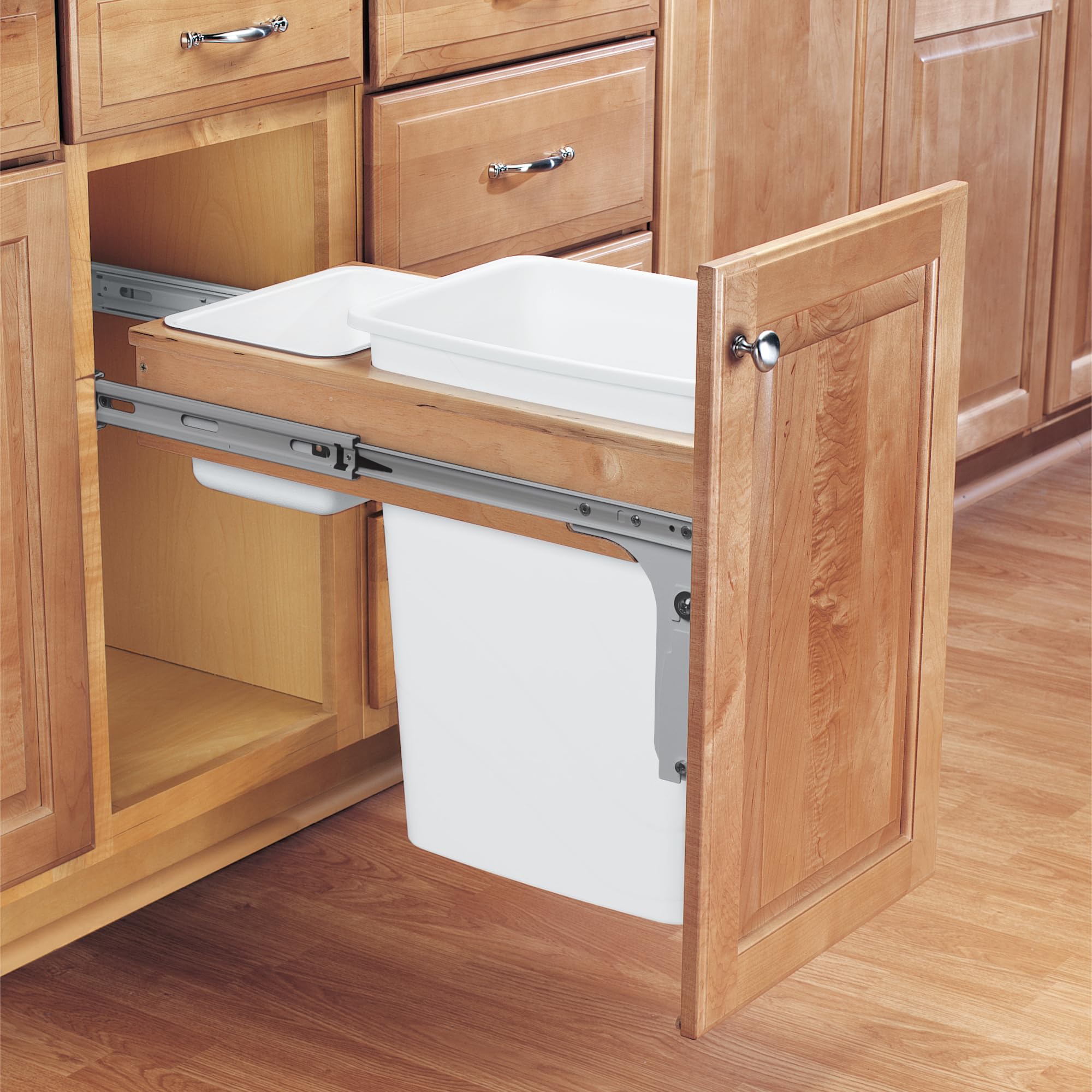 Rev-A-Shelf Single Pullout Under Cabinet 35 Quart Kitchen Trash Cans With Full-Extension Slides And 135 Pounds Capacity, 4Wctm-1