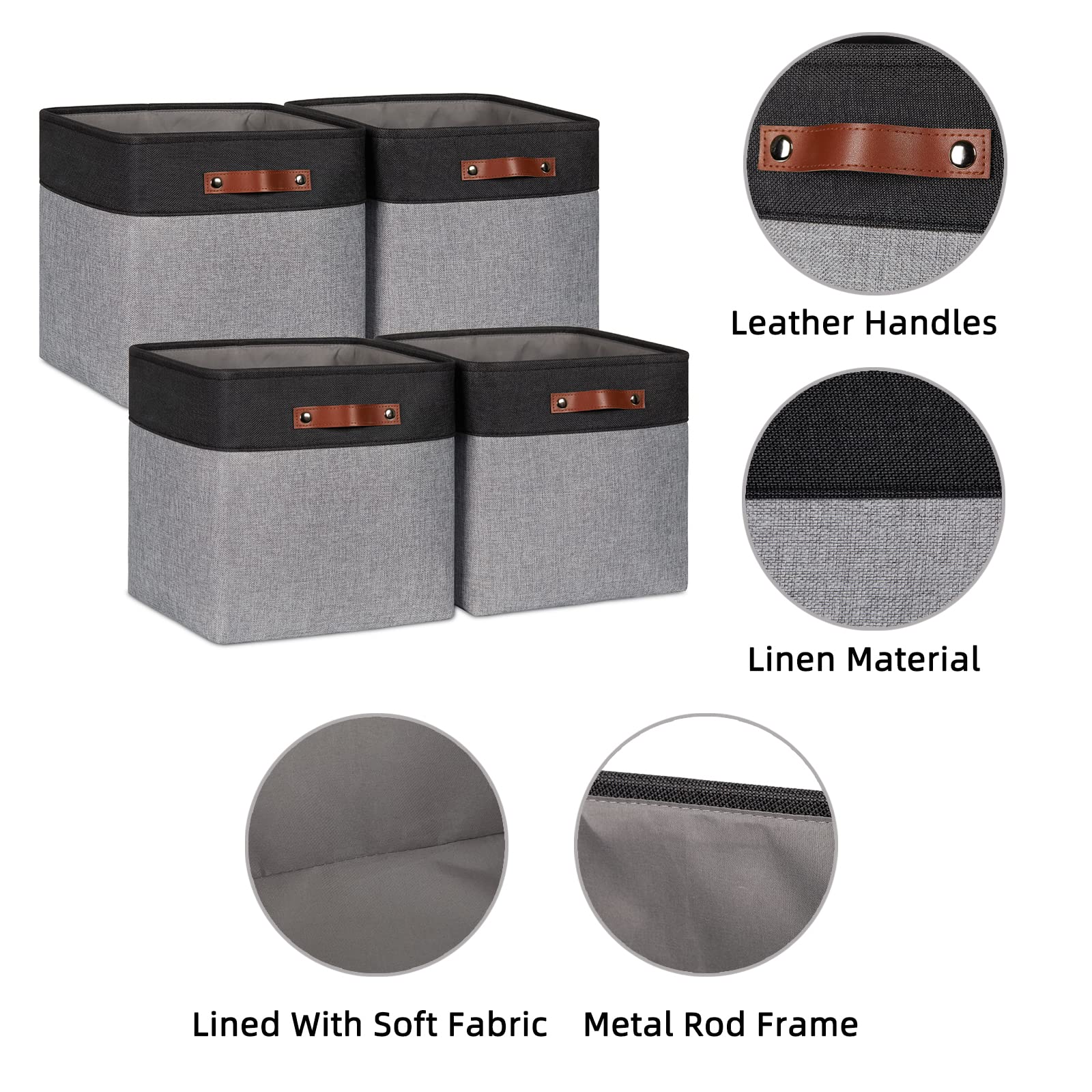 HNZIGE 13x13x13 Storage Baskets (4 Pack) Large Fabric Storage Cubes for Shelves  Storage Cube Bins for Gift with Leather Handles for Home  Clothes Baskets for Storage Toys  Kids Room  Closet (White&Black)