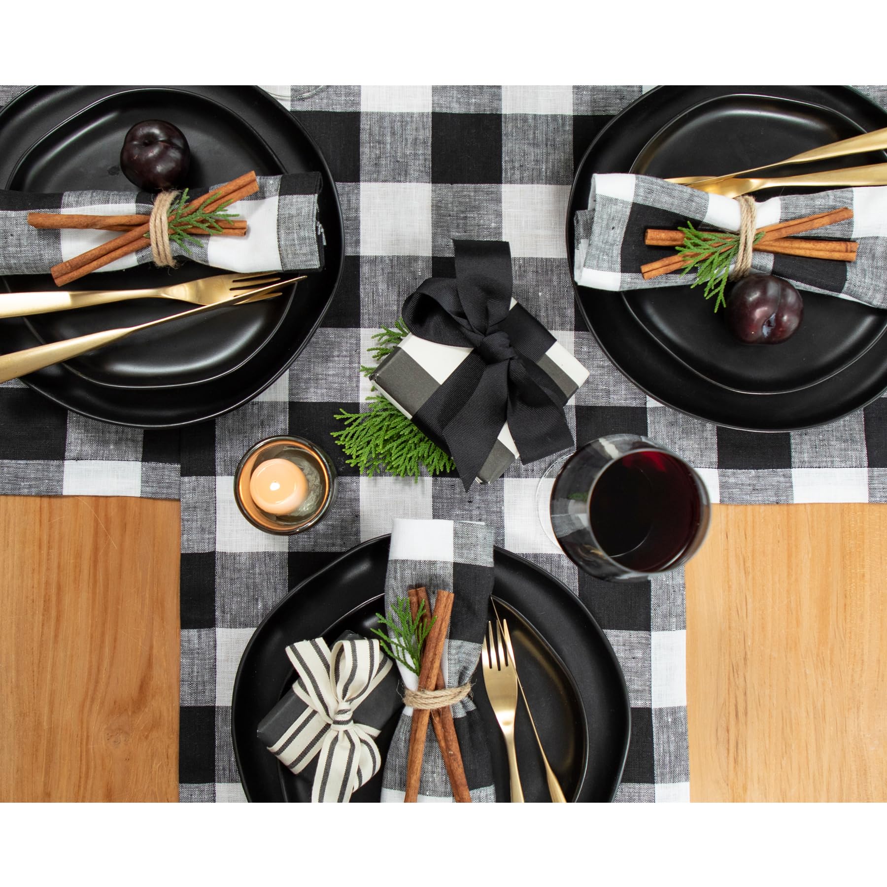 Solino Home Buffalo Check Linen Table Runner 72 Inches Long - 100% Pure Linen Black And White Plaid Table Runner 14 X 72 Inch Id