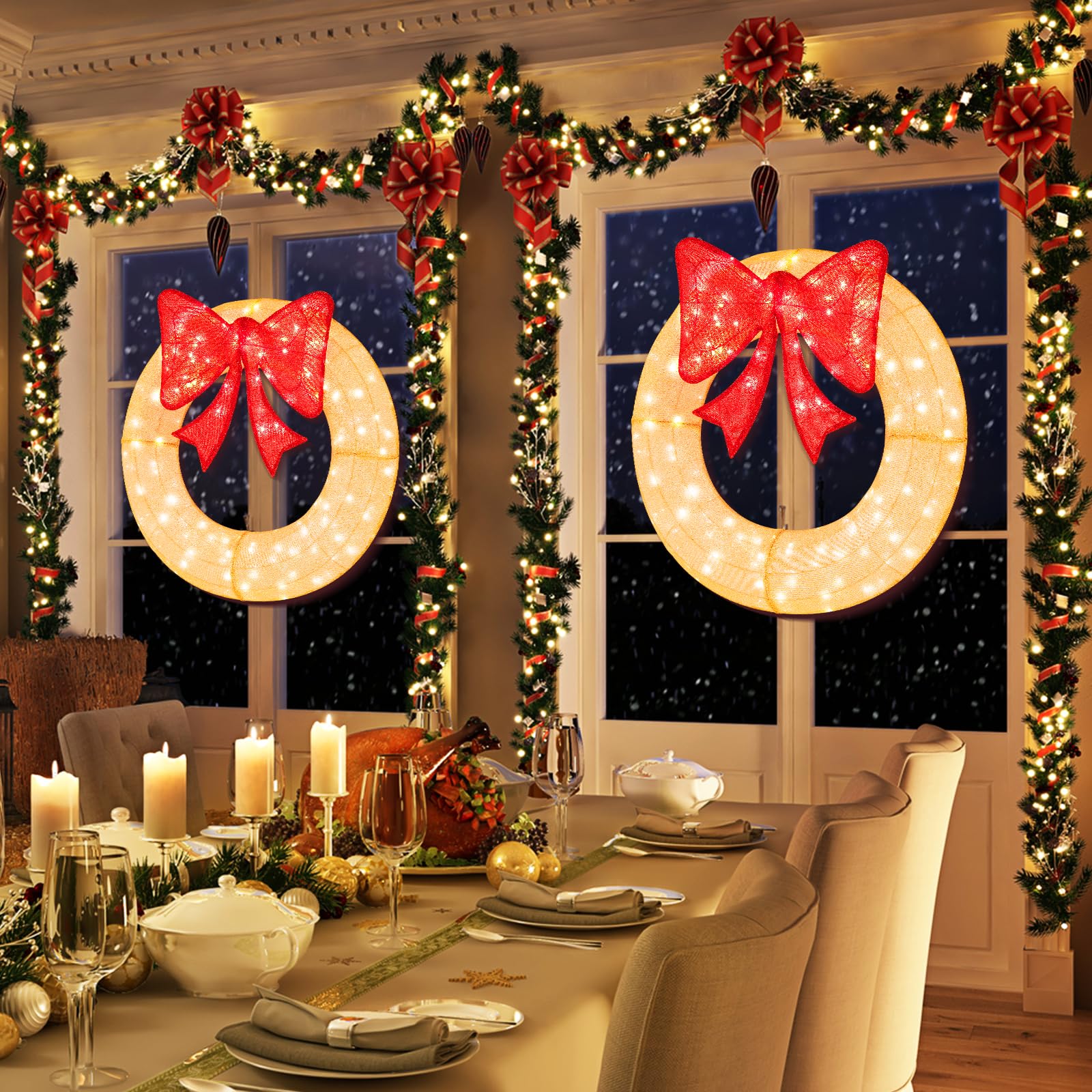 Tangkula 48 Inch Lighted Christmas Mesh Wreath, Pre-Lit Festive Wreath w/Large Bow & 200 LED Bulbs, Hooks & Zip Ties Included, W
